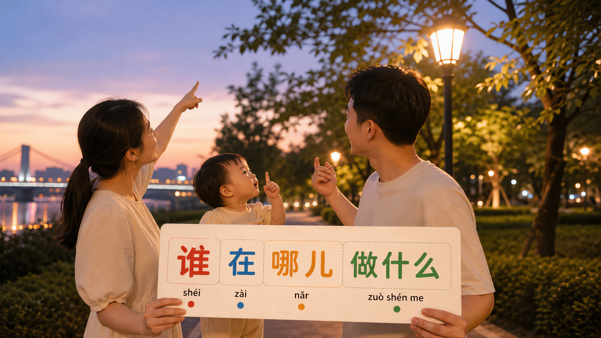 夏日傍晚的小区步道场景,中国年轻父母带着1-3岁中国幼儿散步,父母一边指向路灯和树、做简单手势提示,