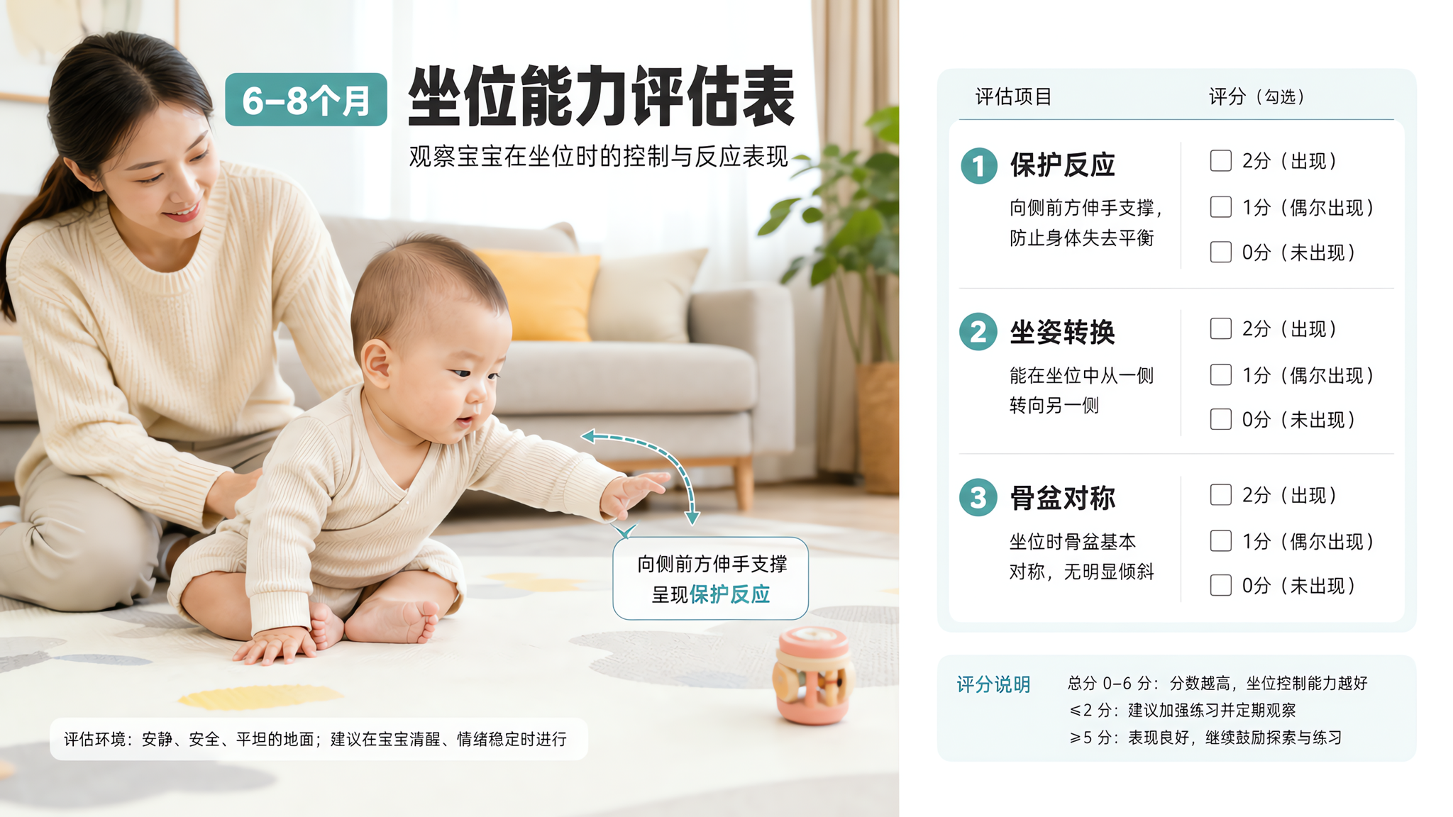 中国年轻妈妈在家中客厅地垫上,观察一位6-8个月中国婴儿练习坐位,婴儿向侧前方伸手支撑形成“保护反应