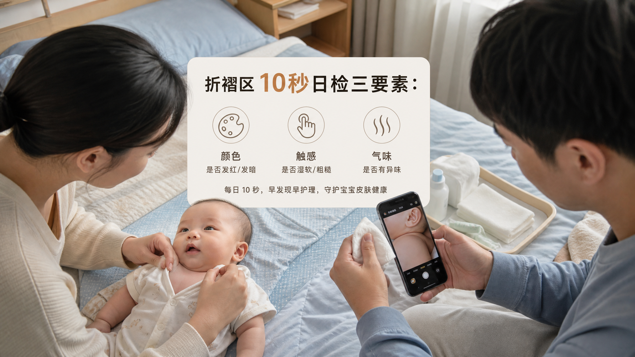 中国年轻妈妈与中国年轻爸爸在卧室给中国婴儿做皮肤折褶区检查,妈妈轻轻掀开宝宝衣领查看颈部褶皱,爸爸拿
