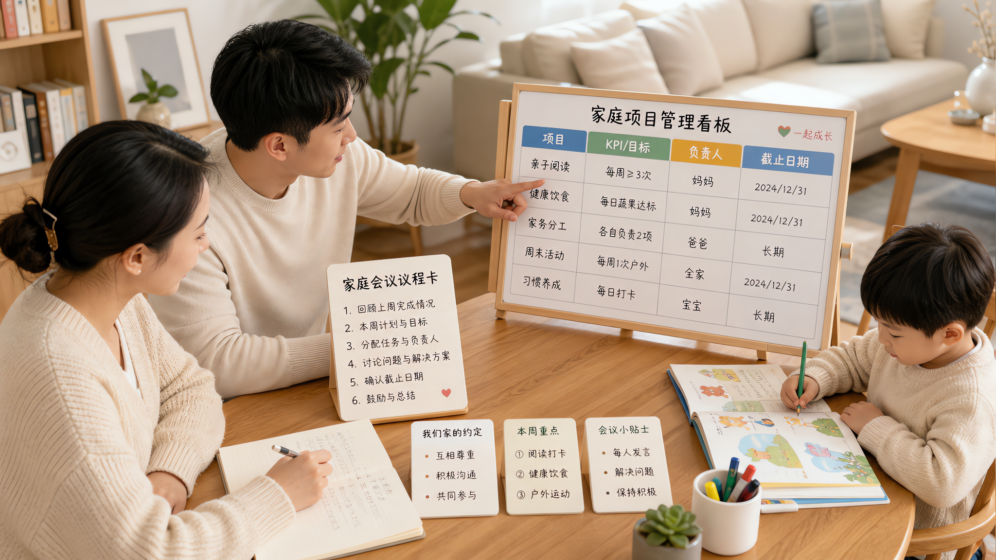 中国年轻父母与一名中国学龄前儿童在家中餐桌旁进行家庭会议，桌面摆放“家庭会议议程卡”和项目管理看板风