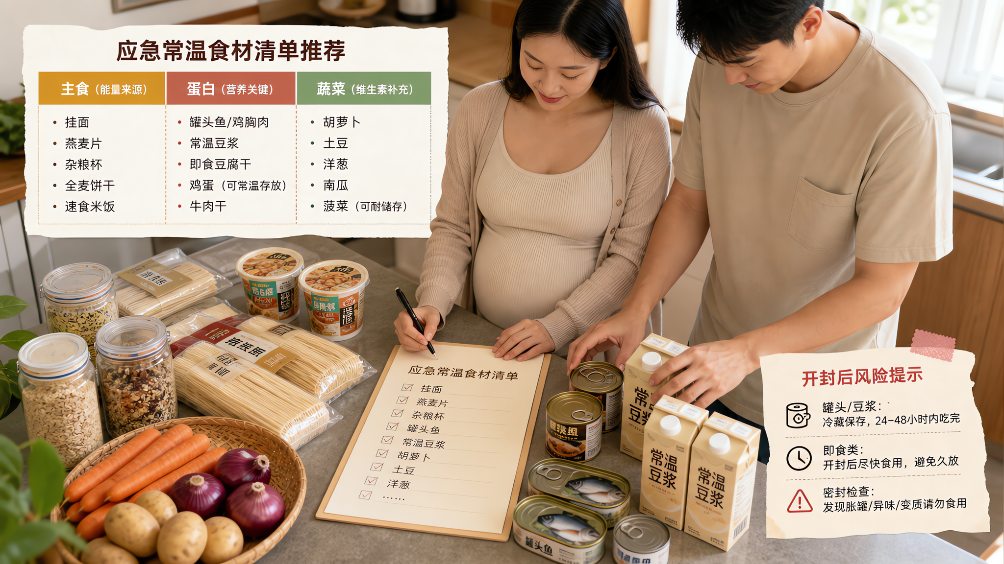 中国年轻孕妈在家中厨房台面前整理“应急常温食材”清单与食材，旁边有丈夫在帮忙分类摆放，台面上整齐摆着