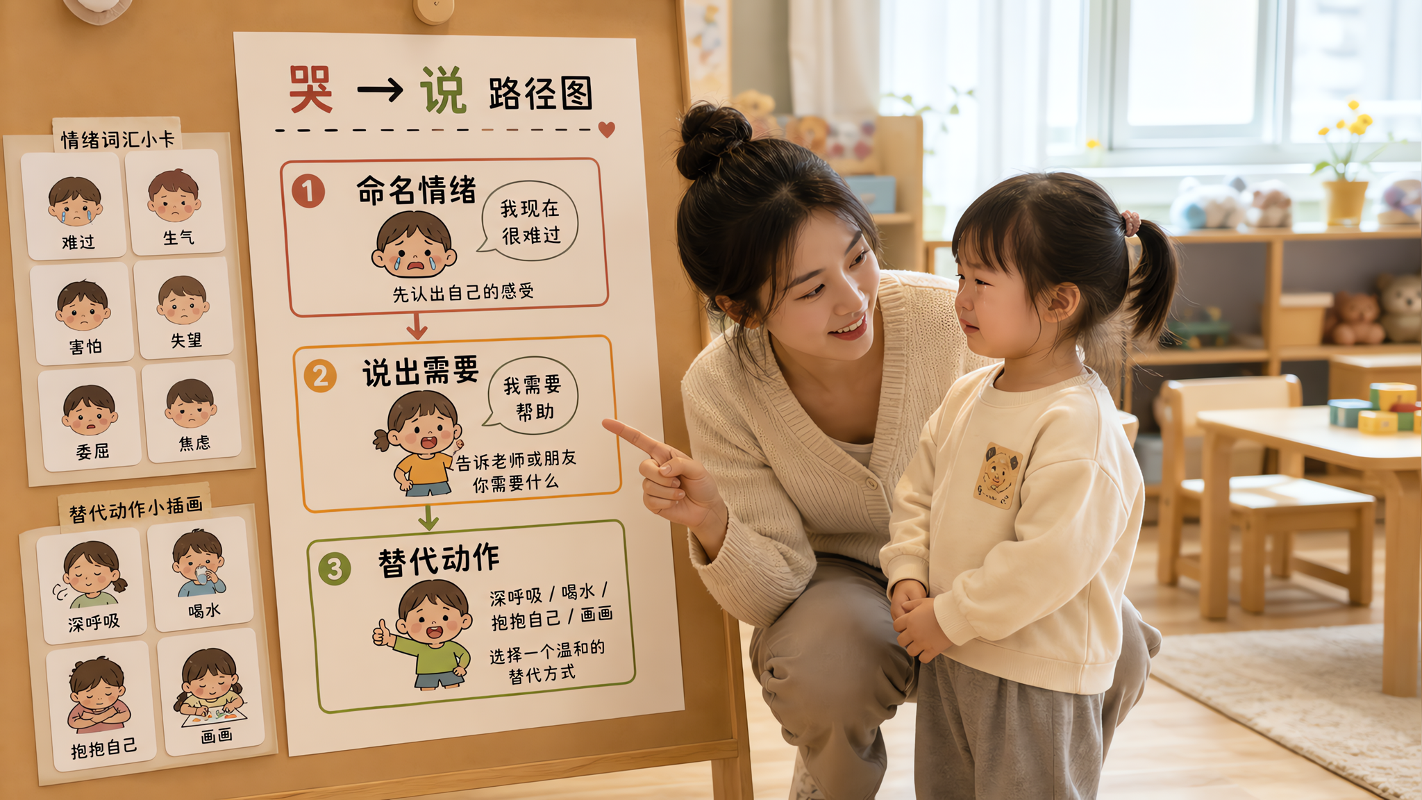 温馨幼儿园教室场景,中国年轻女老师蹲下与一名中国幼儿互动,幼儿眼眶含泪但被温柔安抚,老师用手指向一张