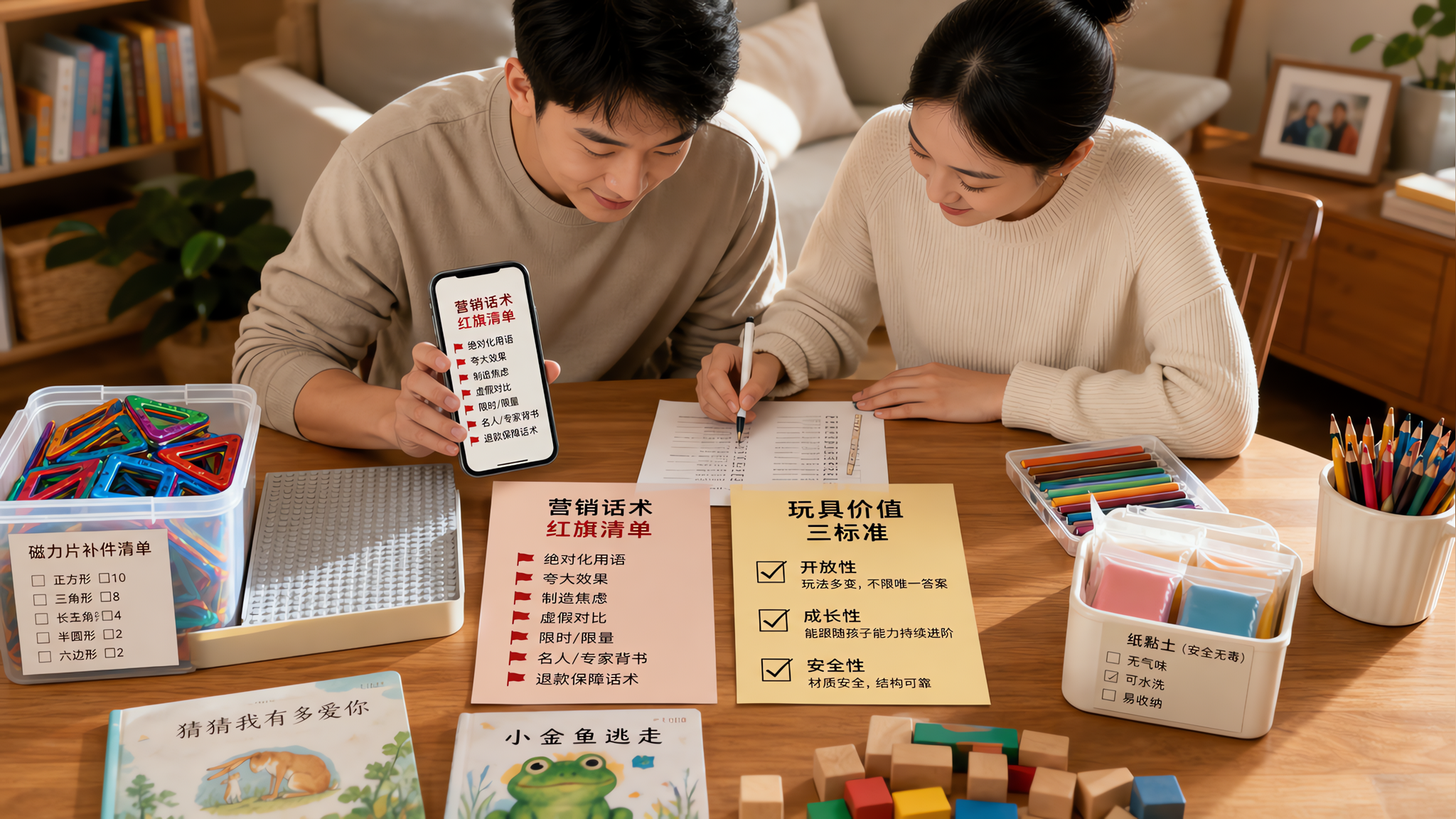 中国年轻父母在家庭餐桌前一起整理儿童玩具与礼物清单的场景，一位中国爸爸拿着手机对照“营销话术红旗清单