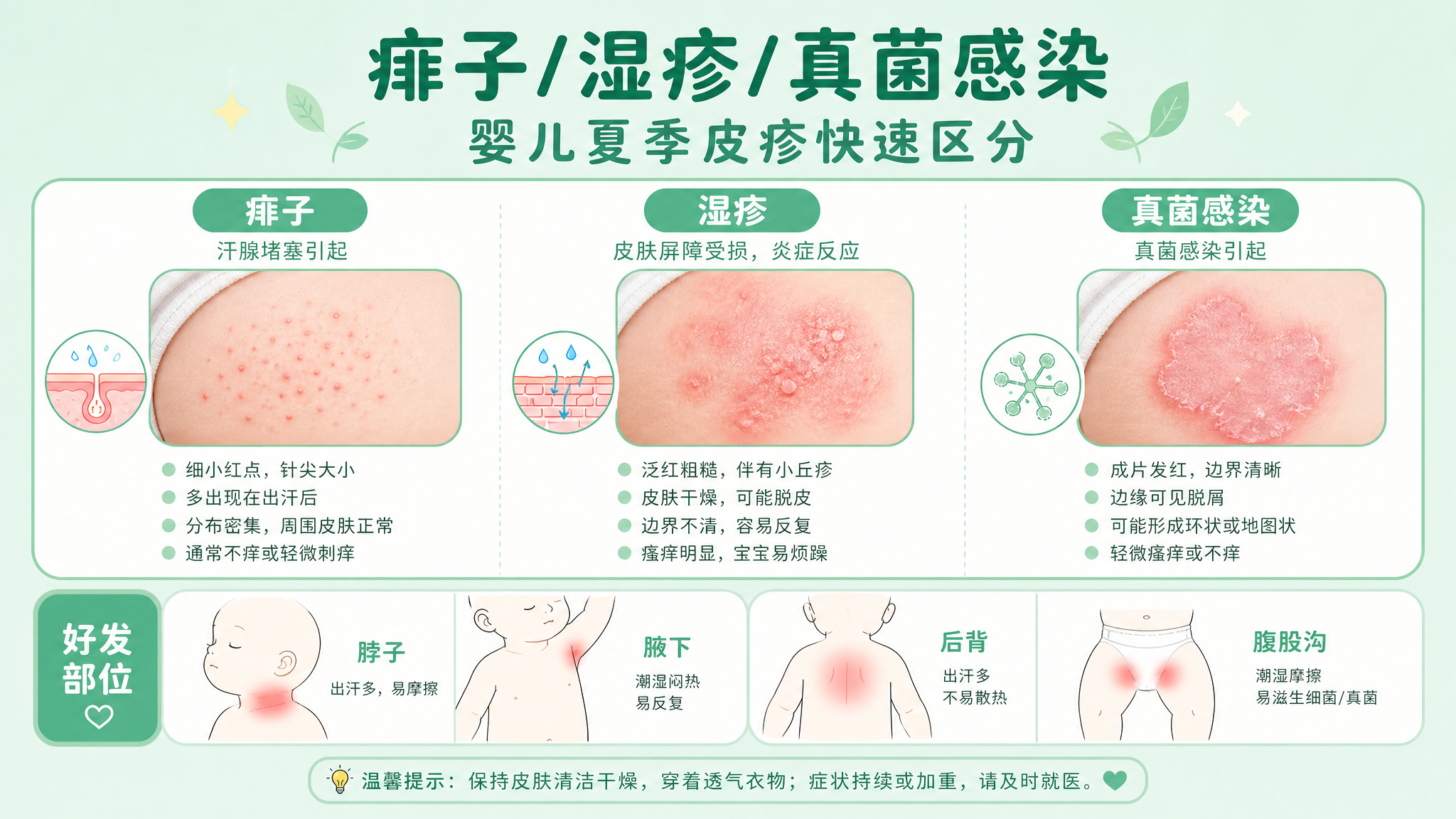 三宫格对比科普信息图,主题为“痱子/湿疹/真菌感染”婴儿夏季皮疹快速区分;画面为薄荷绿色清爽配色,中