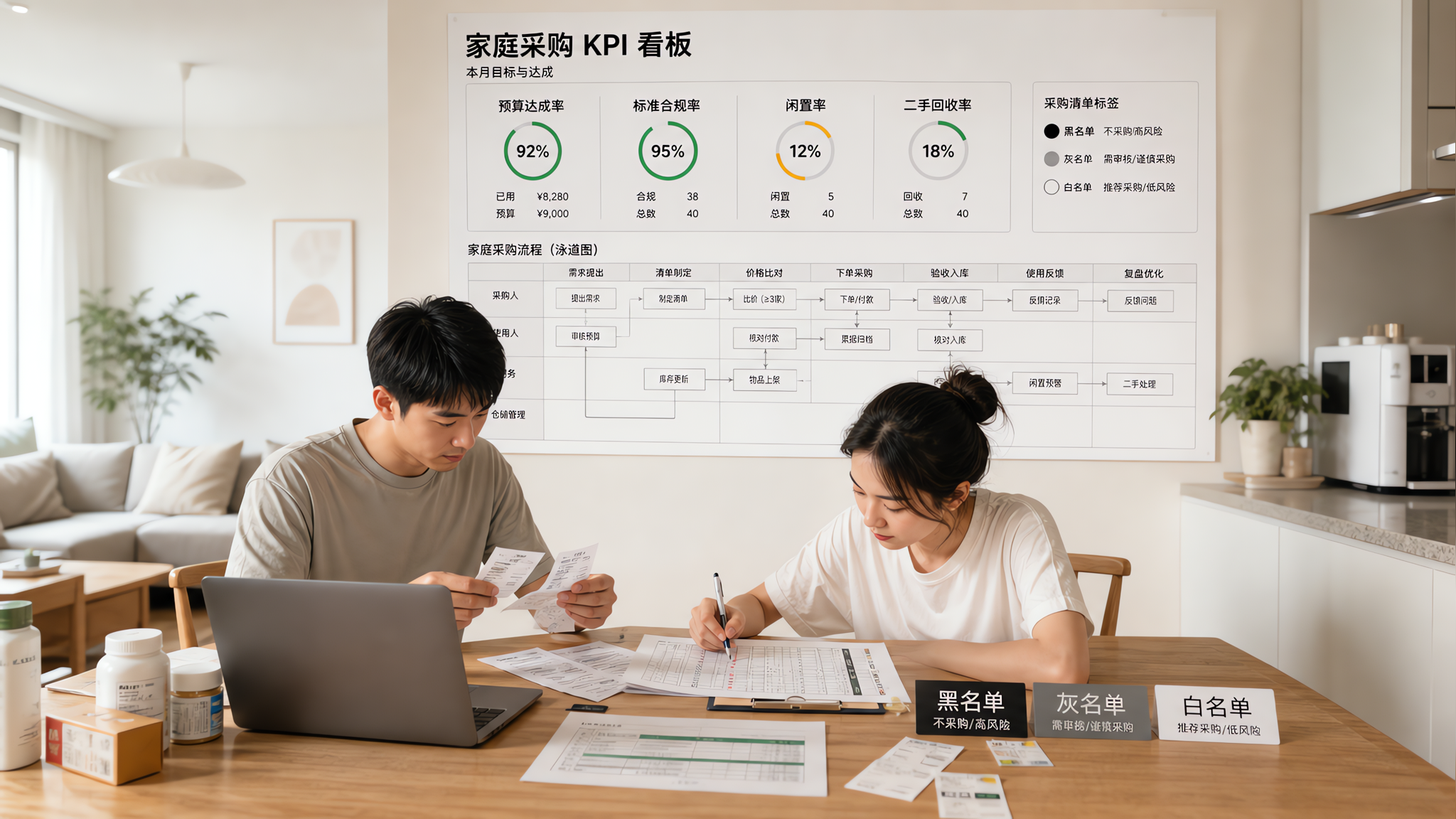 中国年轻夫妻在家中餐桌旁一起查看家庭采购KPI看板，桌上有笔记本电脑与纸质表格，墙上贴着看板风KPI