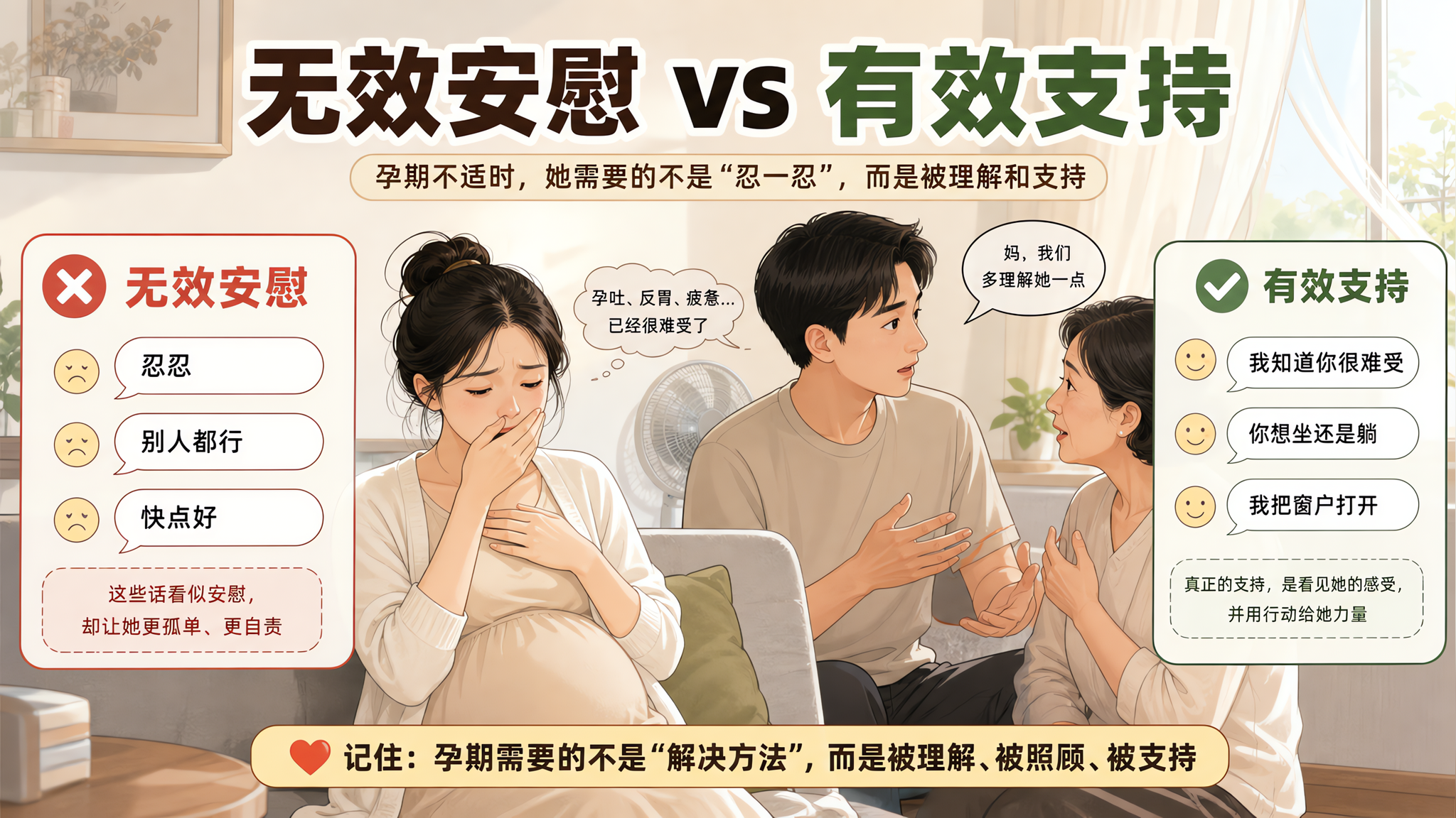 中国家庭室内场景，夏季午后，客厅简洁干净；中国年轻孕妇坐在沙发上手扶胸口轻微反胃，表情疲惫但克制；旁