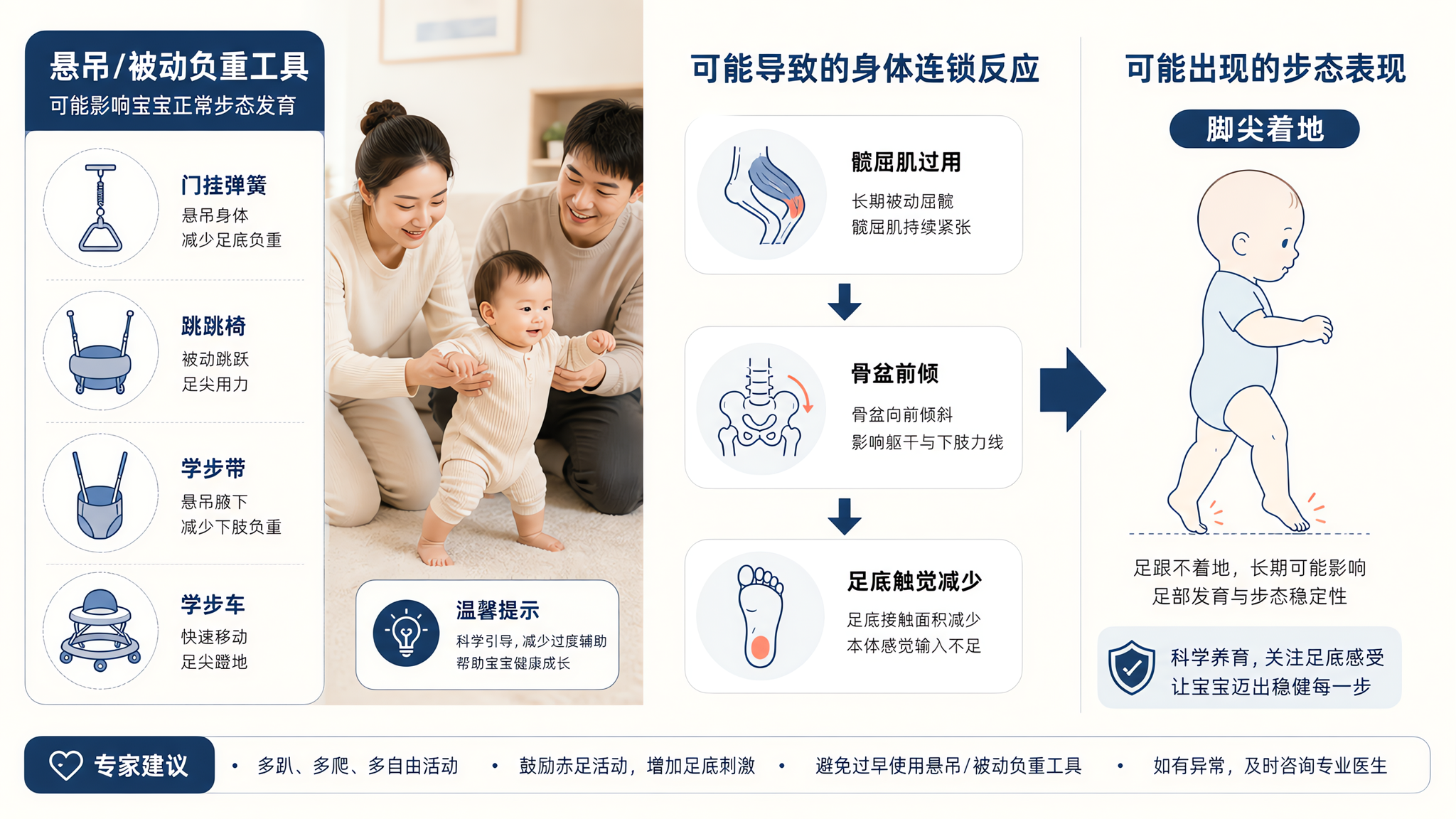 医院宣教海报风格的信息图画面,中国年轻父母在家中客厅照看中国婴儿,画面左侧以简洁图标展示“悬吊/被动