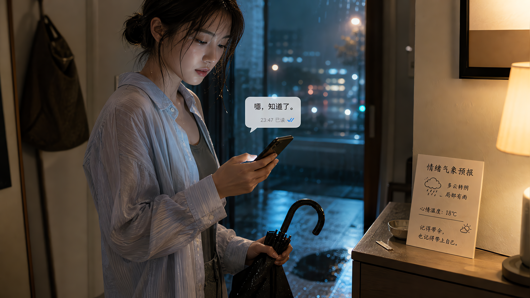 雨后夏末夜晚的室内玄关场景，中国年轻女性刚回家，手里拿着雨伞，伞尖滴水在地面形成小水渍；她一手拿手机
