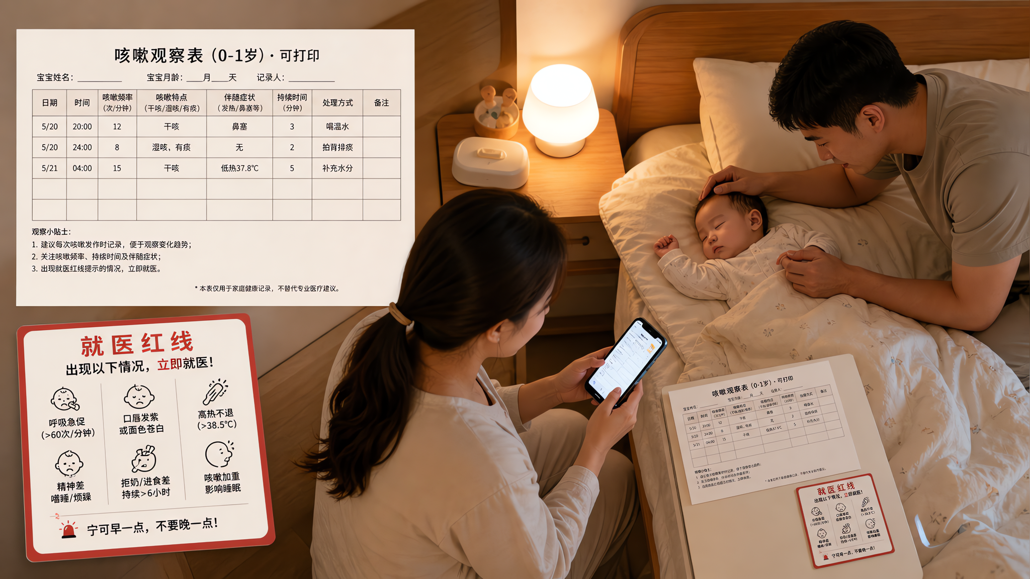 0-1岁夜里咳几声别先慌：一张观察表看是否该就医