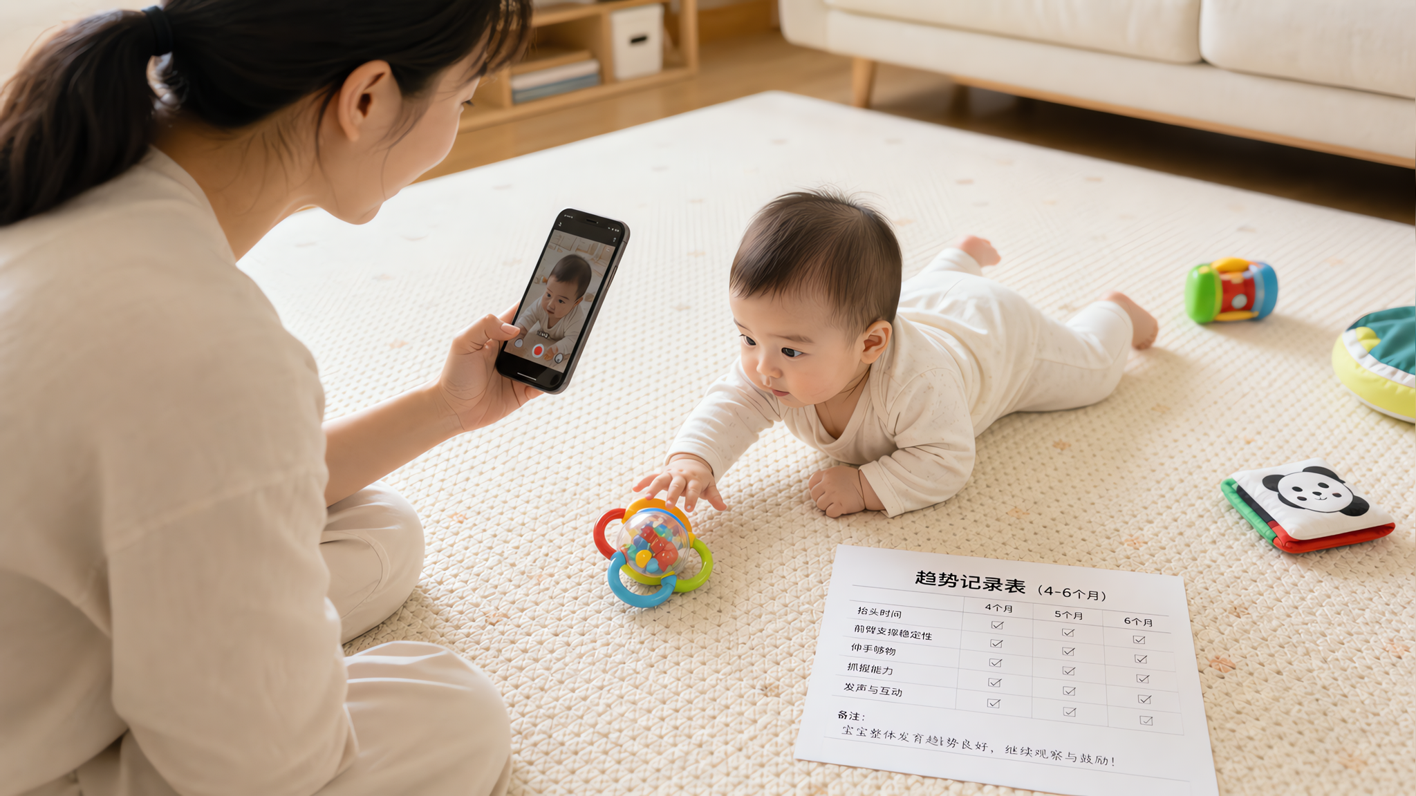 中国年轻妈妈在家中明亮客厅地垫旁,手拿手机给中国4-6个月婴儿录视频做发育观察记录;婴儿趴在软垫上进