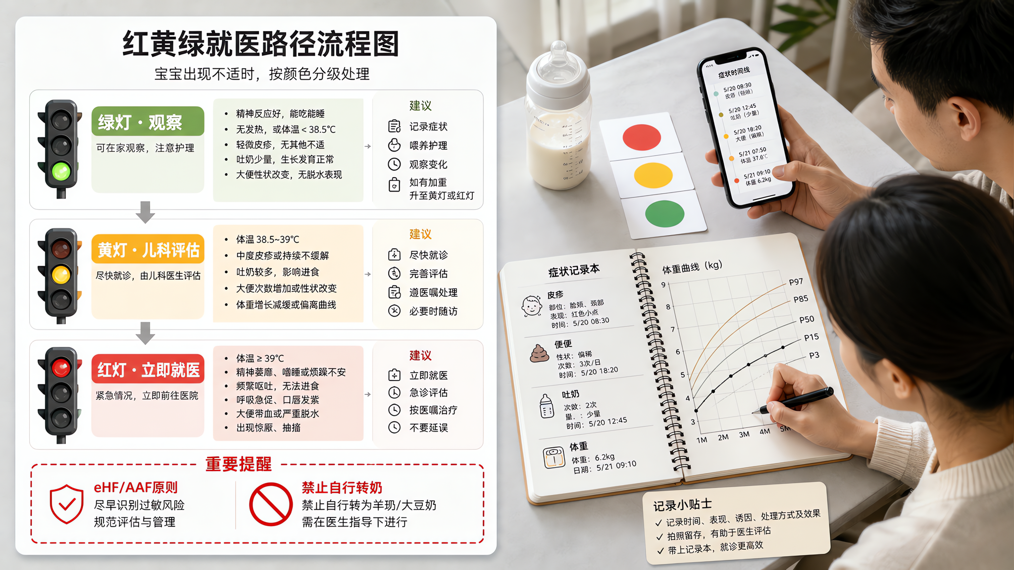 一张信息图风格的健康育儿配图,场景为干净明亮的家庭餐桌上,摆放一本“症状记录本”和婴儿奶瓶旁边有红黄