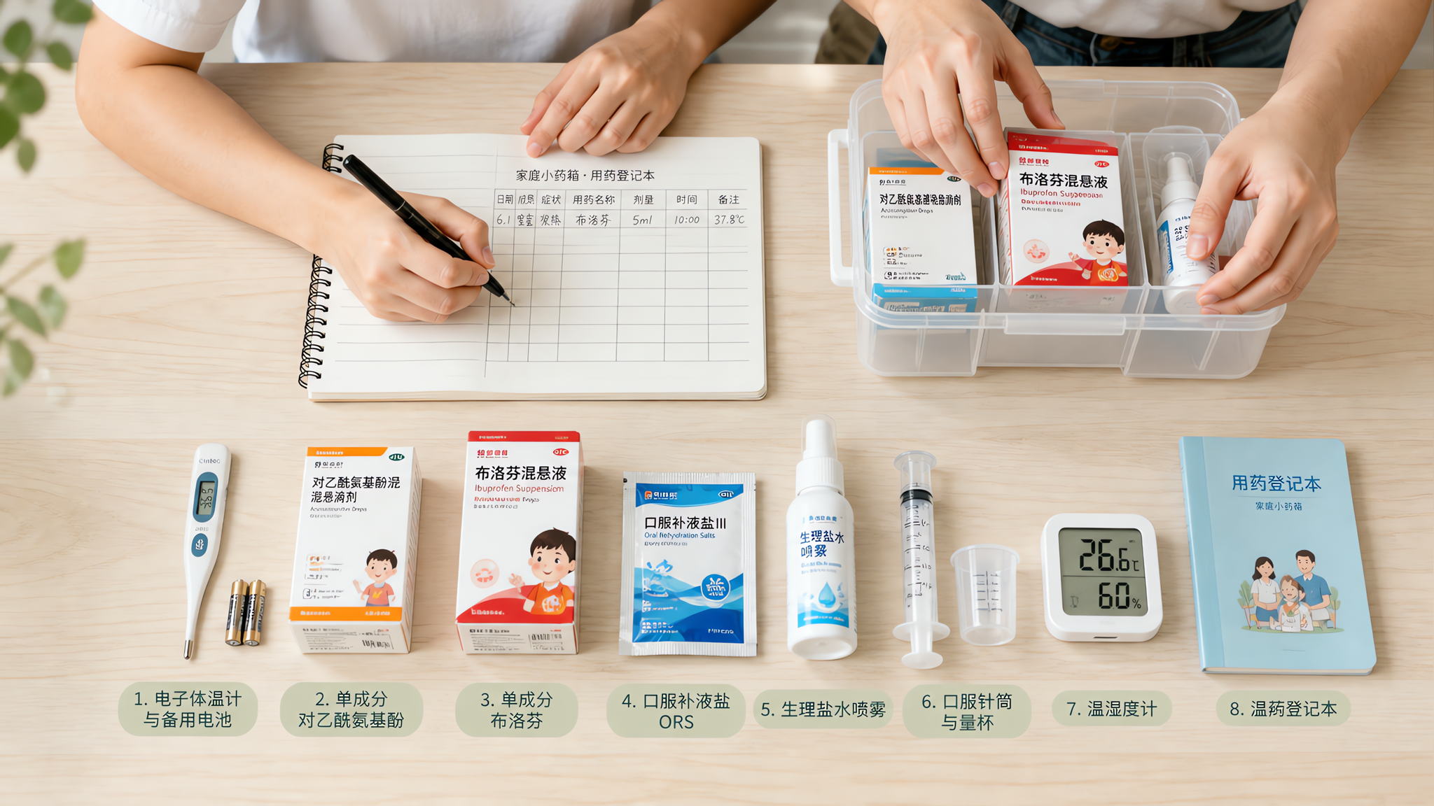 中国年轻父母在家中明亮整洁的餐桌旁整理夏季家庭小药箱,桌面平铺摆放8样物品:电子体温计与备用电池、单