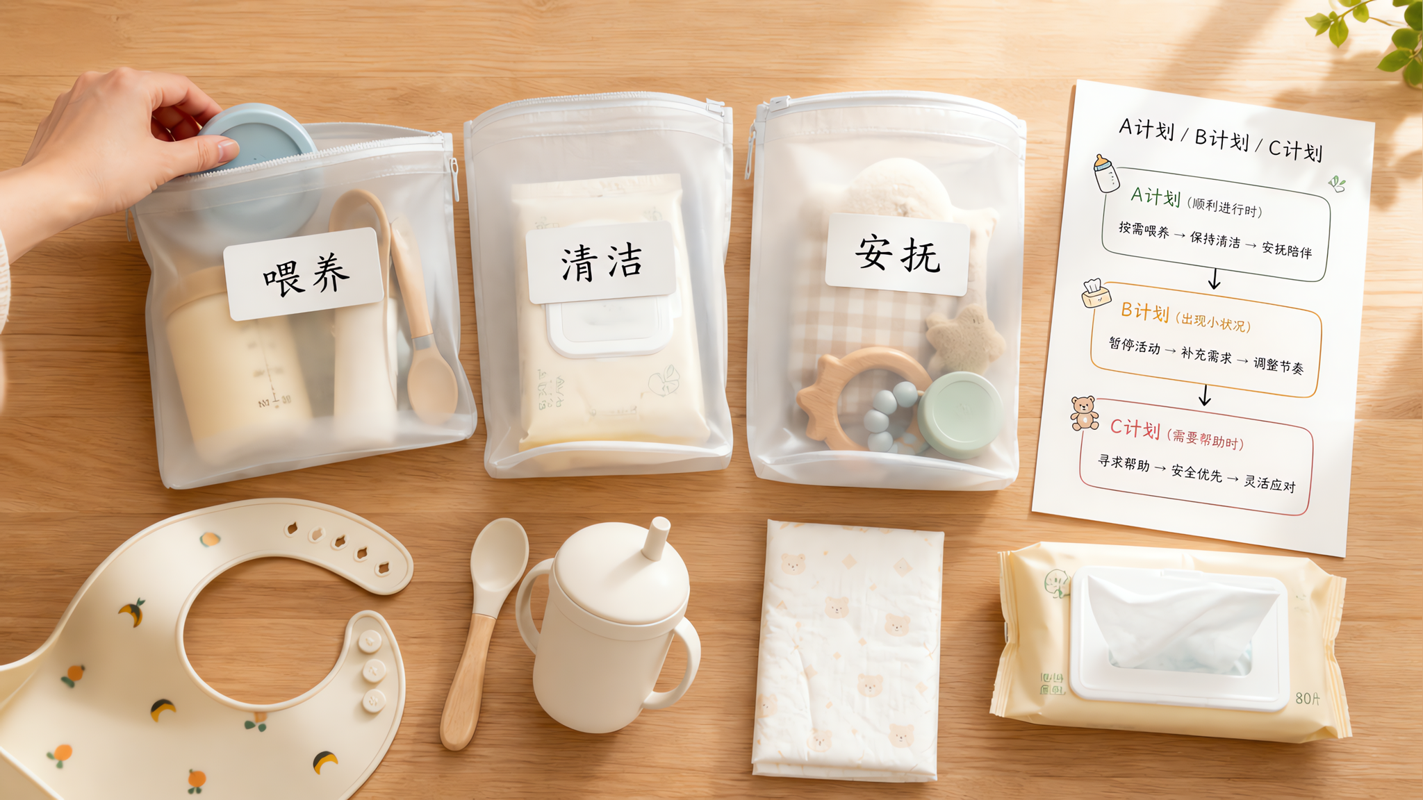 明亮自然光下的桌面平铺构图,展示“外出喂养三袋收纳系统+A/B/C应急路径流程图”,画面包含三个半透