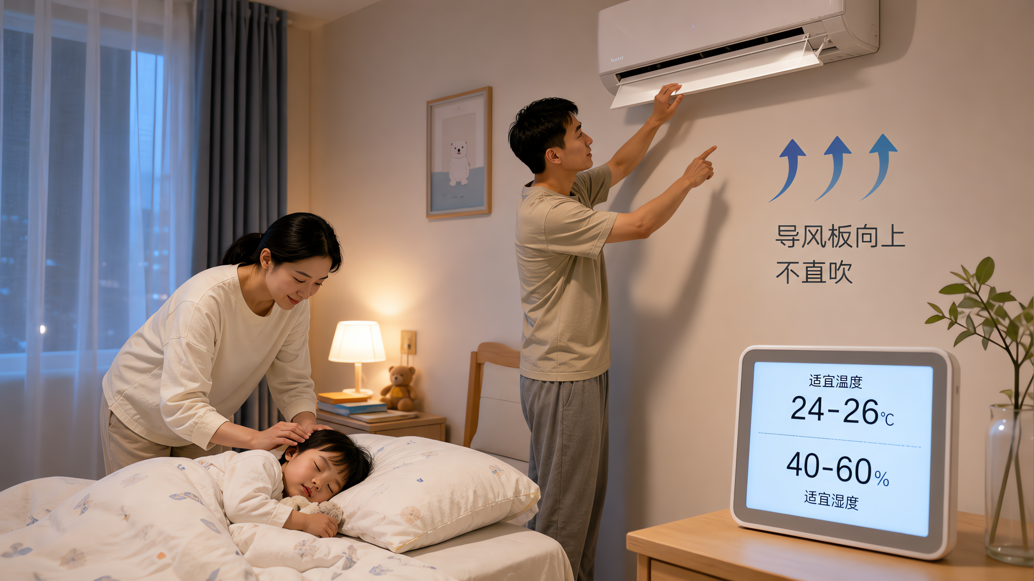 中国年轻父母在卧室里照顾中国幼儿入睡的生活场景,父亲站在床边调整墙上空调出风方向并指向温湿度计读数,