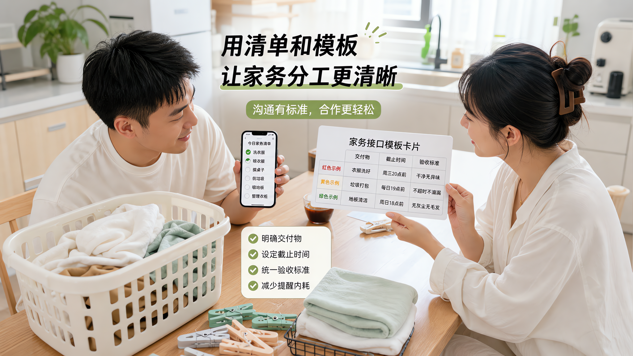 中国年轻夫妻在家中厨房餐桌旁沟通家务分工，一人拿着手机展示待办清单界面，另一人拿着一张“家务接口模板
