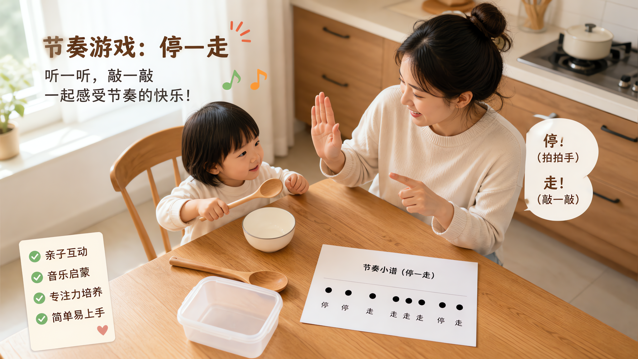中国年轻妈妈与中国幼儿在家庭厨房的餐桌旁进行节奏游戏,俯拍构图,桌面摆放木勺、陶瓷碗、塑料收纳盒三件