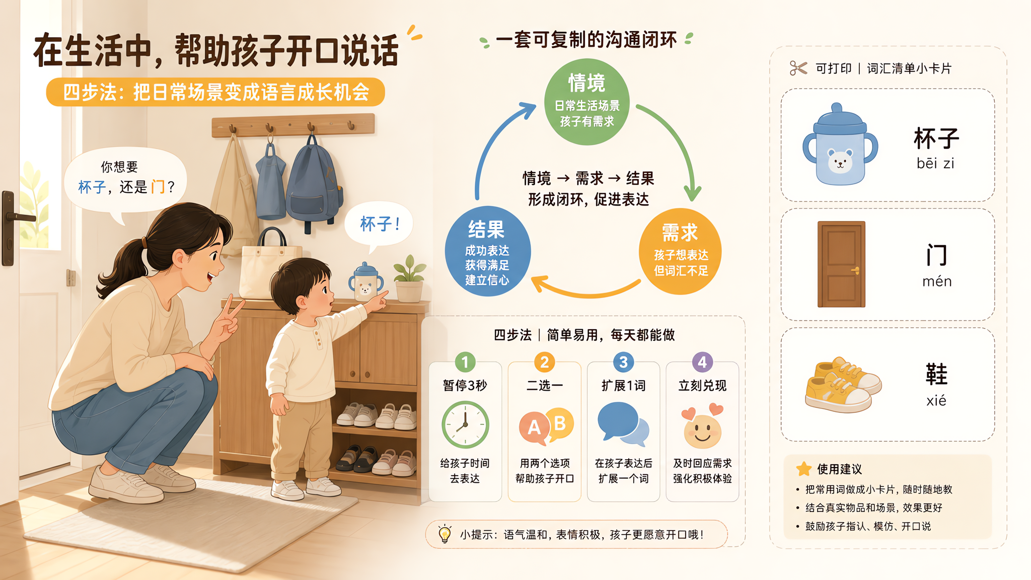竖版信息图风格插画,明亮整洁的家庭玄关场景,中国年轻妈妈蹲下与中国2岁幼儿面对面交流,幼儿指向水杯,
