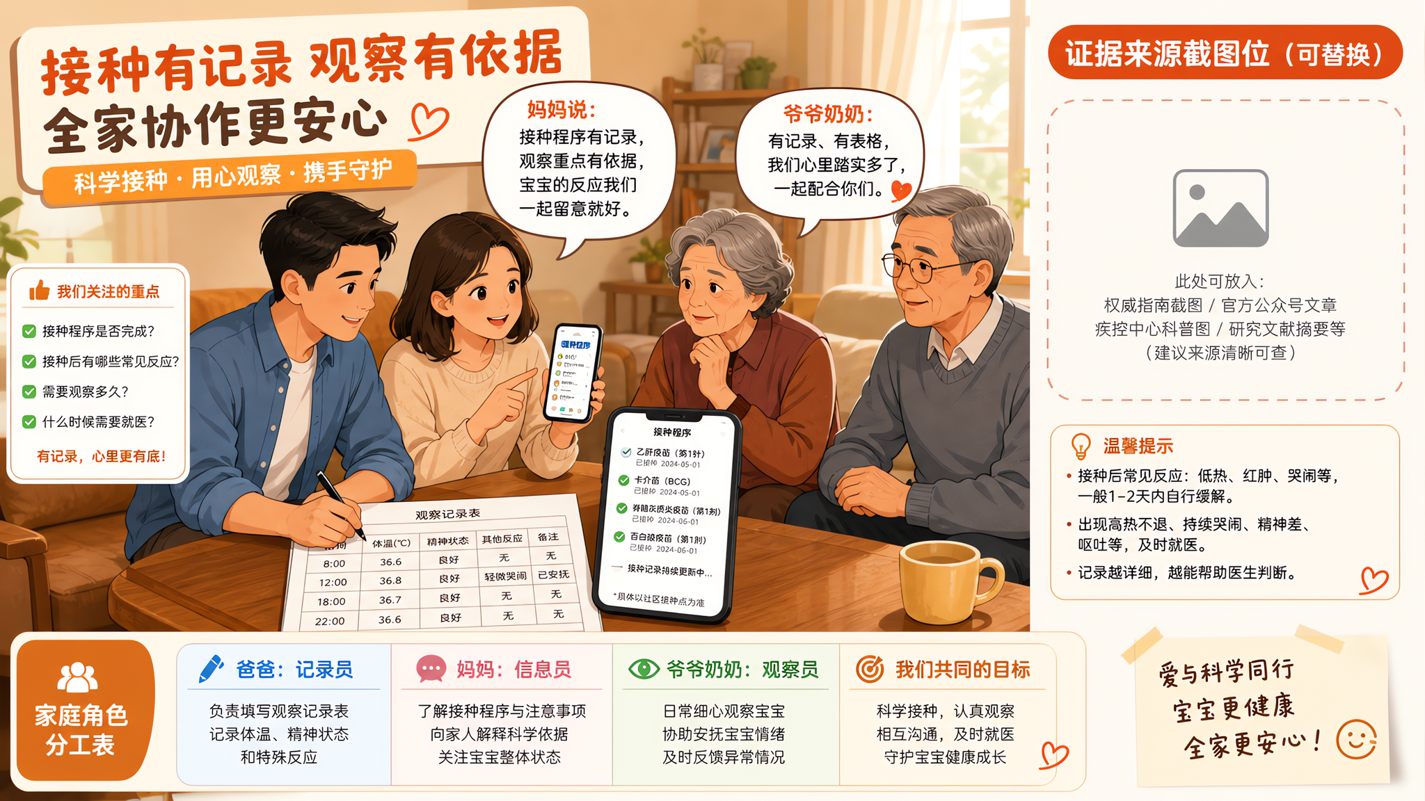 中国年轻父母与中国祖辈在家庭客厅围坐沟通,桌上放着手机展示“接种程序截图”和一张纸质“观察记录表”,