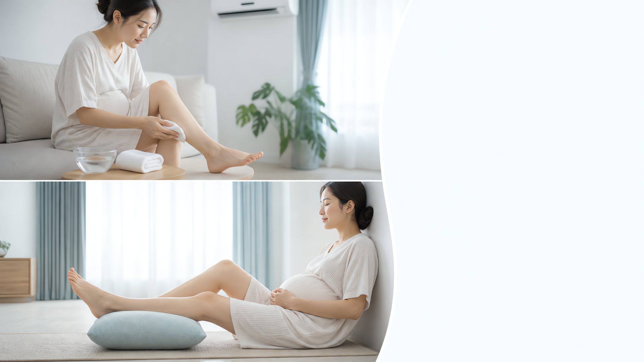 中国孕中晚期年轻孕妈在夏日极简风卧室/客厅一角，穿宽松浅色家居服，旁边有一条白色毛巾和一小碗室温盐水