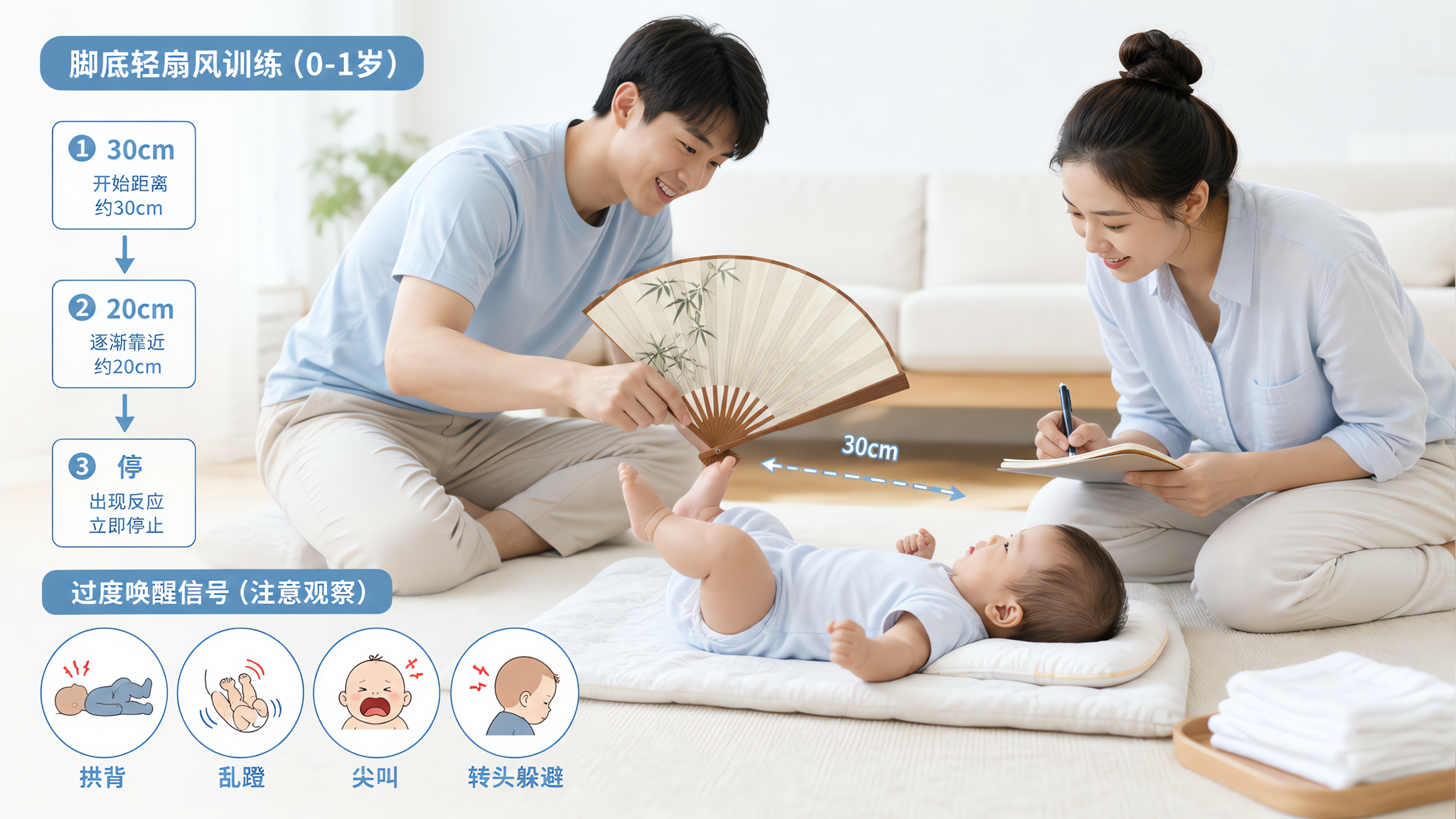 明亮清爽的夏日家庭客厅场景,中国年轻父母与0-1岁中国婴儿互动训练,婴儿仰躺在软垫上,爸爸手持折扇在