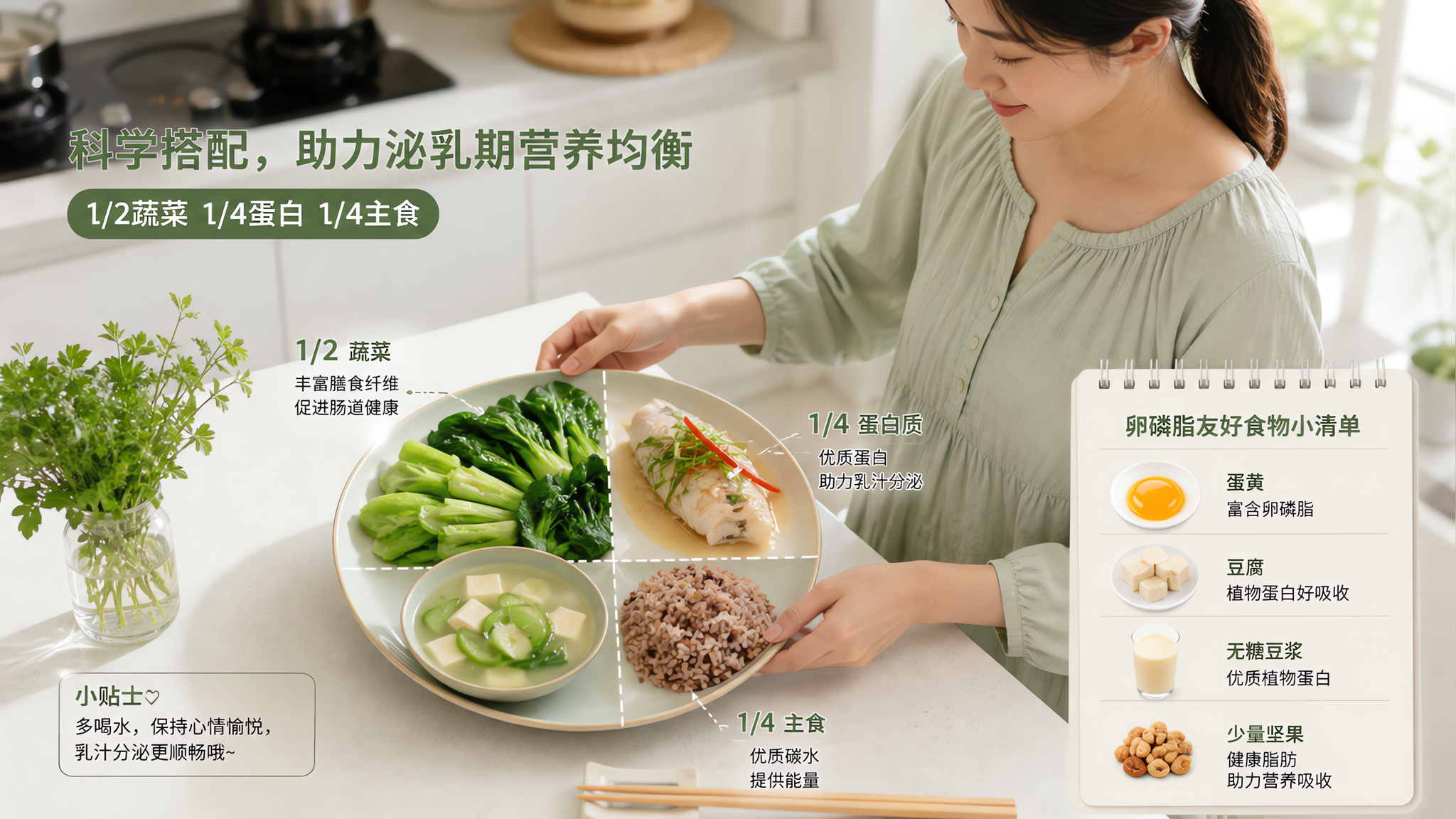 中国年轻妈妈在夏日明亮厨房中准备泌乳期清爽餐盘，人物动作是将清蒸鱼、丝瓜豆腐汤、温拌黄瓜丝和杂粮饭摆