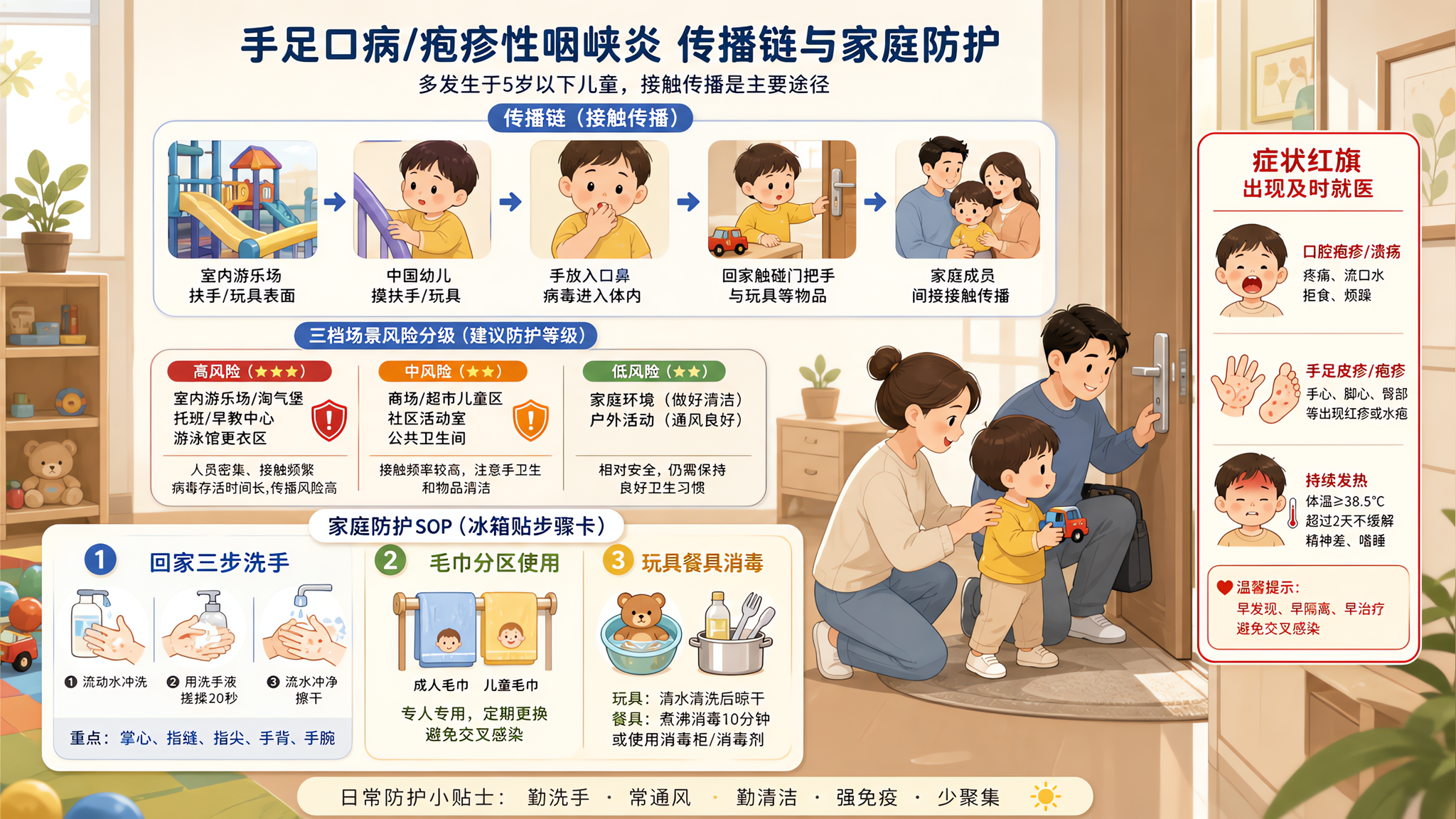 竖版信息图风格插画,场景为中国家庭玄关与室内儿童活动区的组合画面,上半部分用“传播链”示意:室内游乐