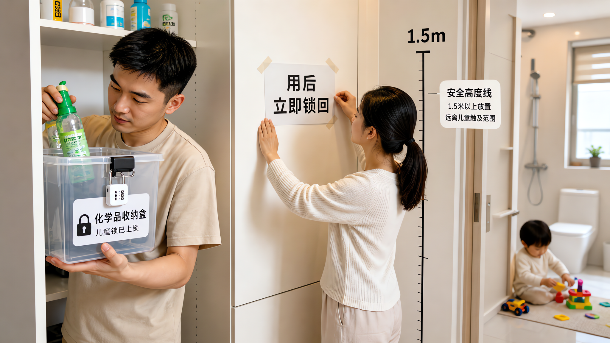 真实家庭场景，中国年轻父母在家中走廊或卫生间收纳区整理化学品收纳盒，爸爸正在把驱蚊喷雾和花露水放入带