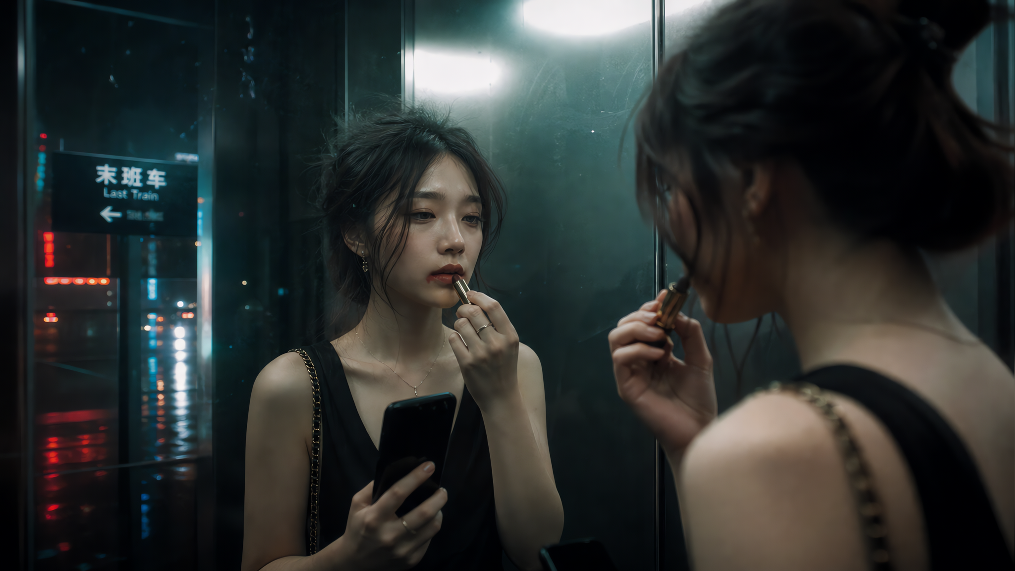 盛夏深夜的城市电梯内，霓虹灯从电梯门缝映入，镜面反射中一位中国年轻女性独自站在角落，轻轻抿嘴整理花掉