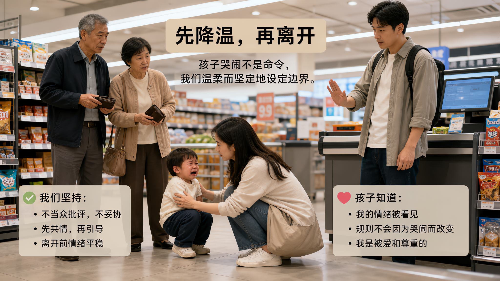 中国超市收银区附近的生活场景,中国年轻妈妈蹲下安抚正在哭闹的中国幼儿,旁边中国爷爷奶奶拿着钱包但表情