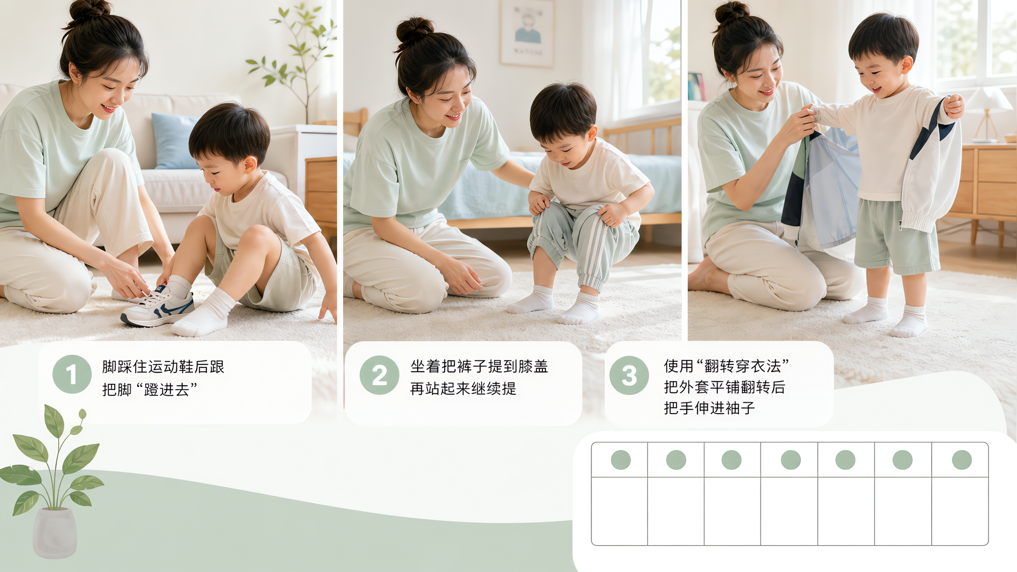 中国年轻妈妈在家中明亮整洁的卧室/客厅地毯区,陪一位中国2-4岁幼儿练习自主穿脱,画面分为三格或同画