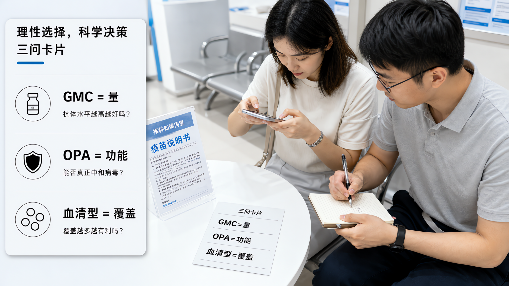 中国年轻父母在社区接种门诊的等候区,一位中国妈妈坐在椅子上手拿手机对着疫苗说明书拍照标注,旁边中国爸