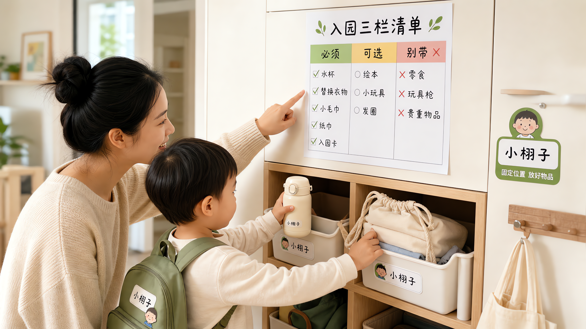 中国年轻妈妈在家中明亮整洁的玄关收纳区,和一位2-3岁中国幼儿一起整理入园物品;妈妈指着墙上或柜门上