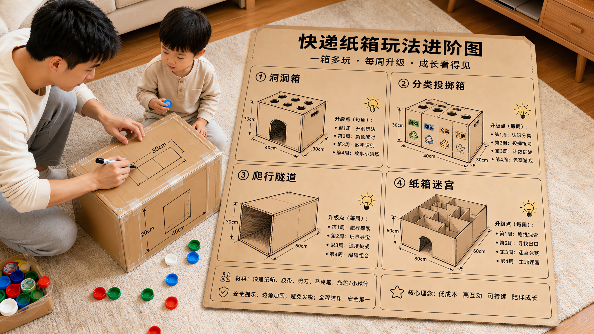 中国年轻爸爸和中国幼儿在家中客厅地毯上一起改造快递纸箱,爸爸蹲着用马克笔在纸箱上画线框工程图并用胶带