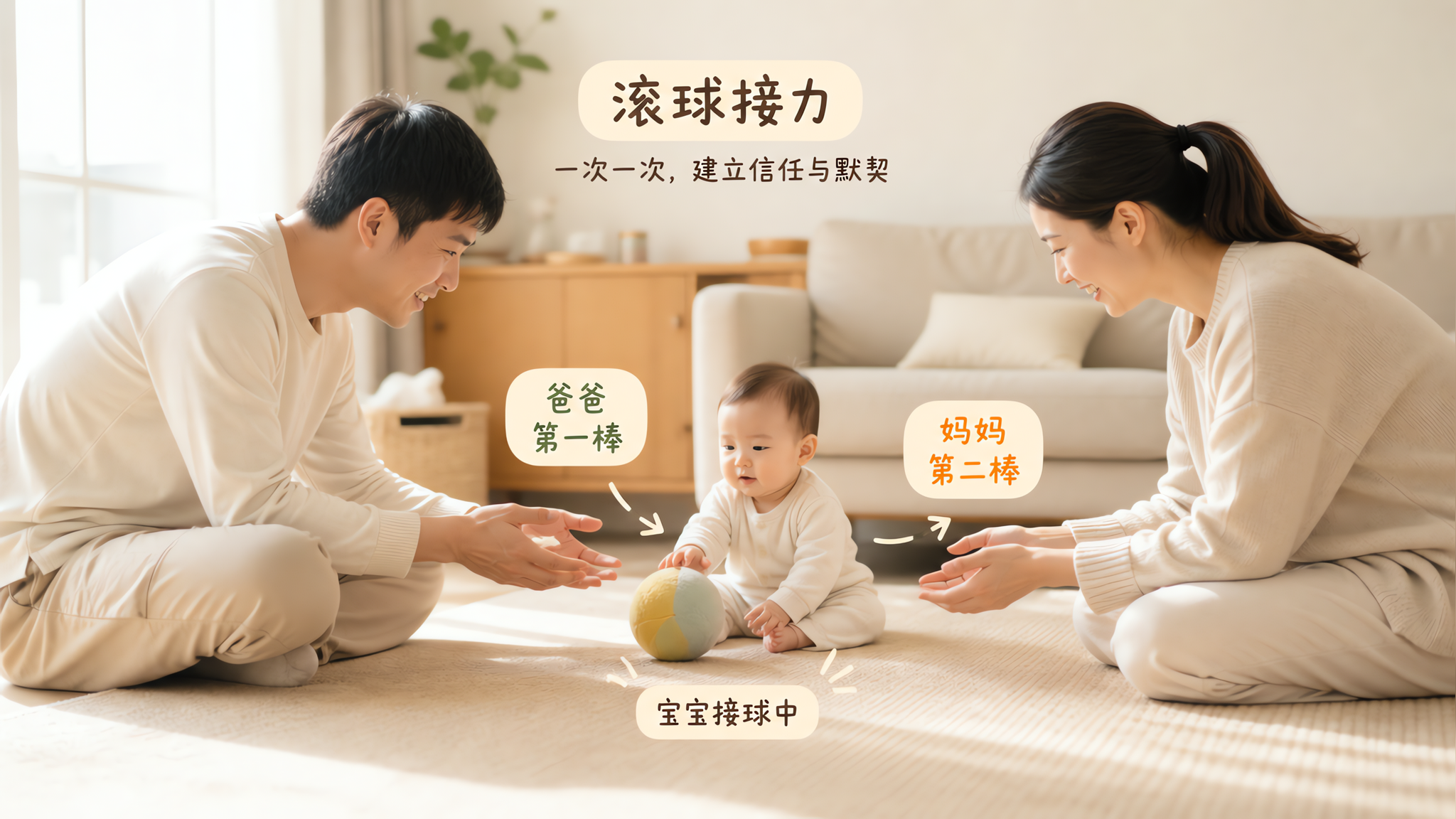 温暖生活方式摄影风格,中国年轻父母在明亮整洁的客厅地垫上相对而坐,中间坐着一位6-9个月中国宝宝,父
