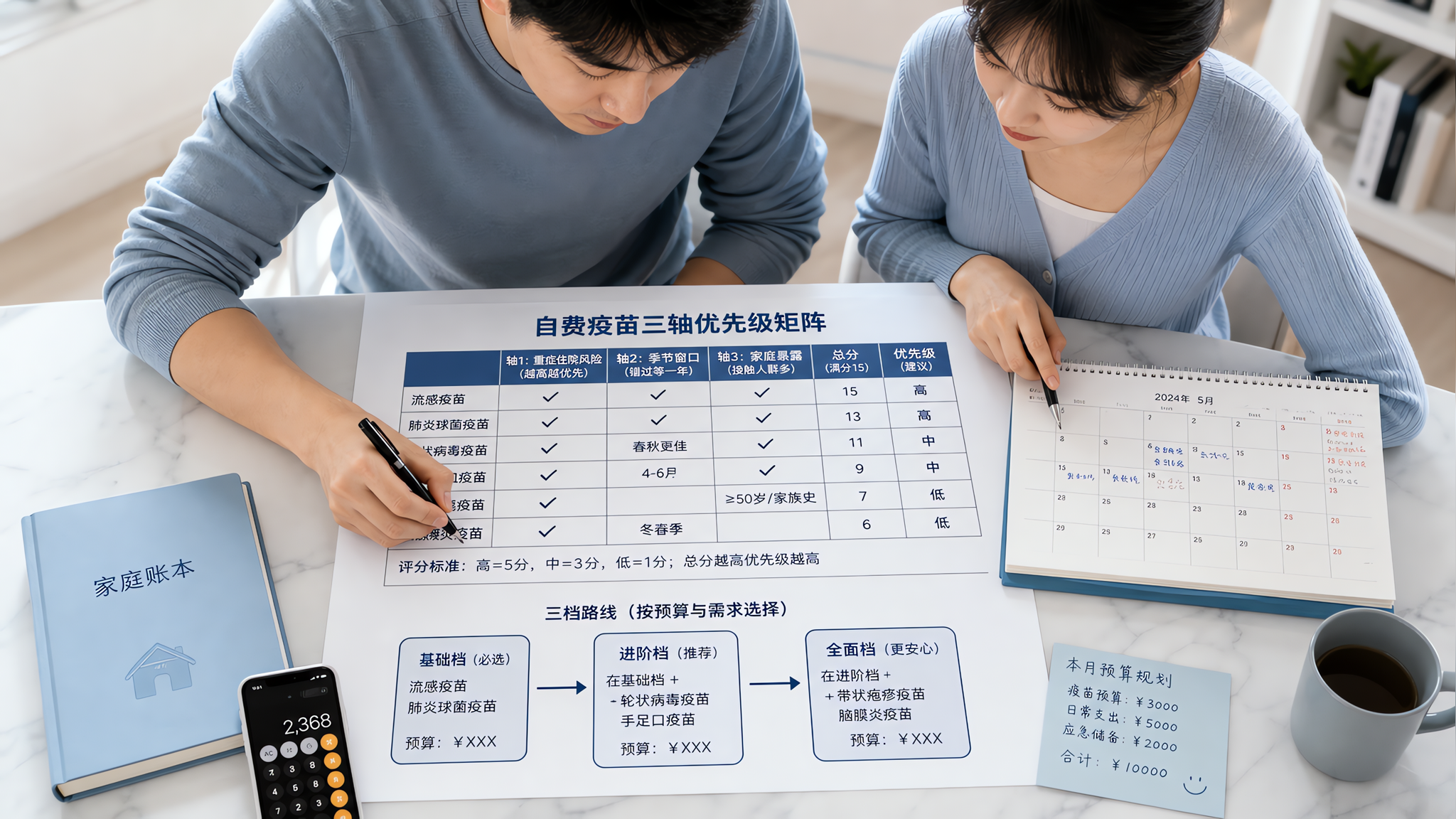 中国年轻父母在家中餐桌前,桌上摊开一张“自费疫苗三轴优先级矩阵”表格与一支笔,爸爸在表格上打勾和写分