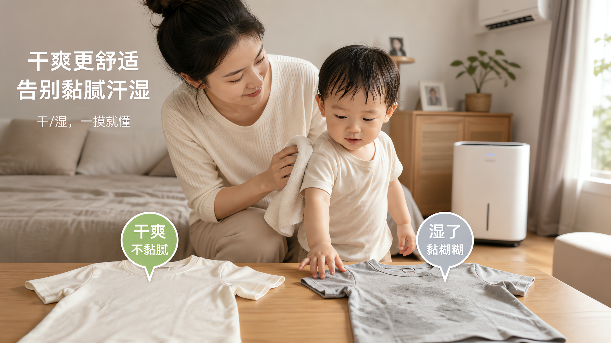 中国年轻妈妈在家中卧室或客厅,空气略显潮湿的夏末初秋氛围,妈妈蹲下与一位2岁左右中国幼儿互动,幼儿穿