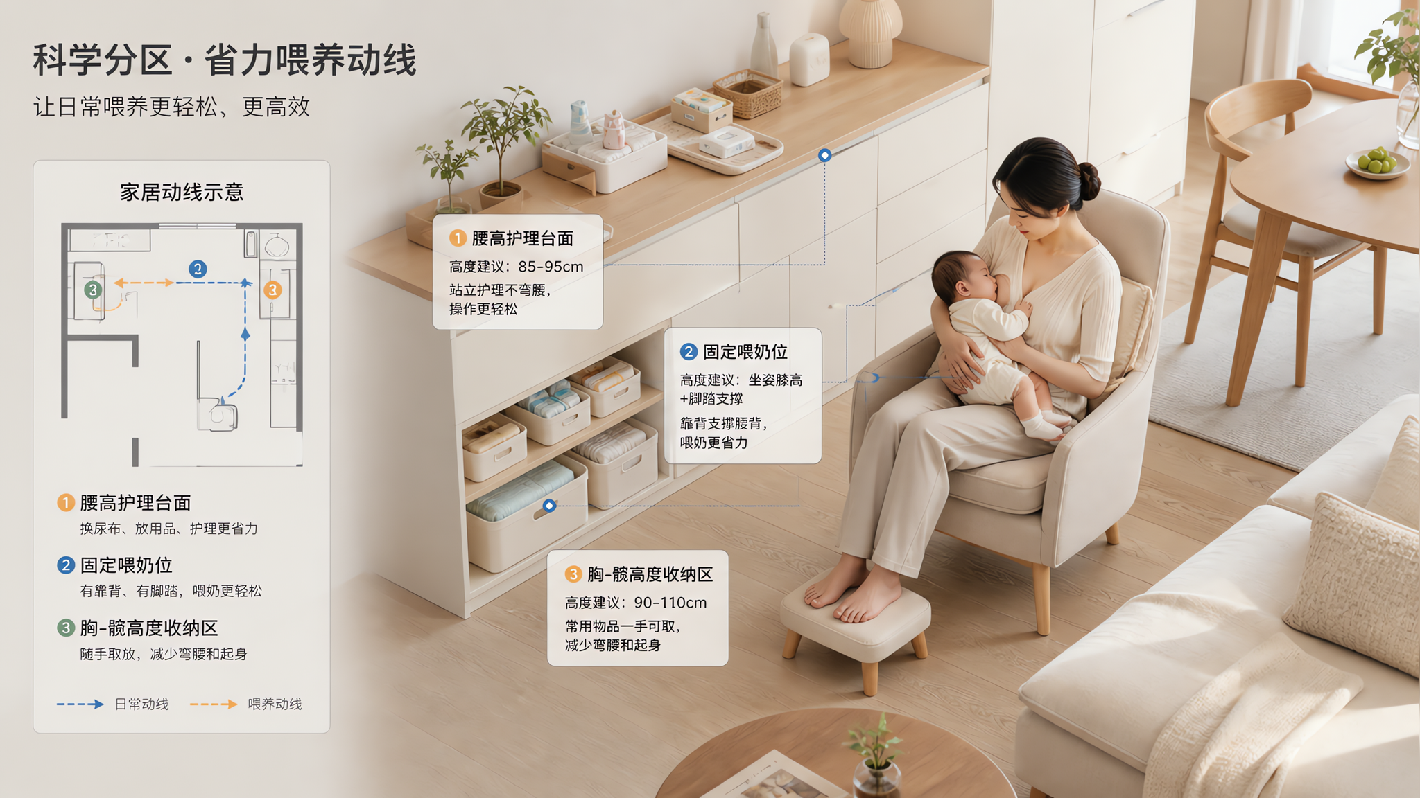 产后腰酸抱娃累，先别练：家里3个动线一改就降负