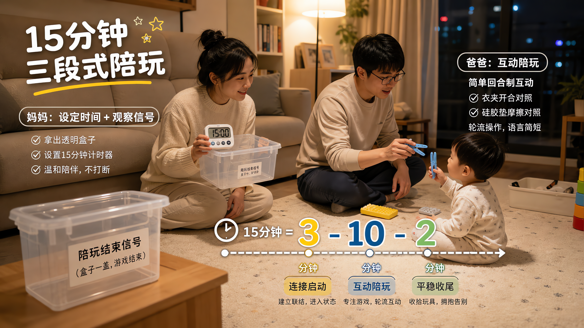 中国年轻父母在夜晚的家庭客厅进行“15分钟三段式陪玩”,妈妈坐在沙发边拿着透明收纳盒与计时器,表情温