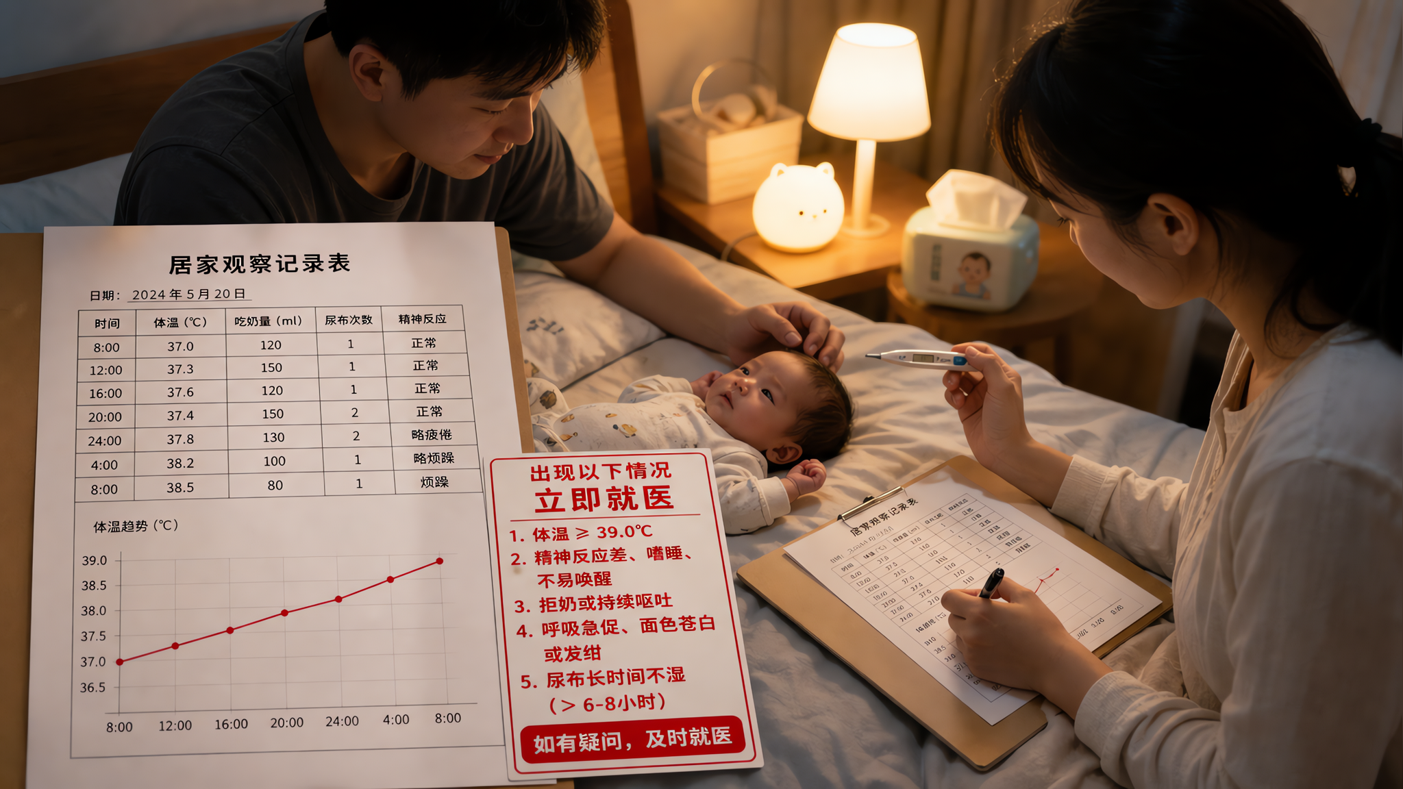 中国年轻妈妈和爸爸在夜晚的卧室里照看一位中国婴儿,妈妈一手拿体温计一手在纸质表格上记录“体温趋势/吃