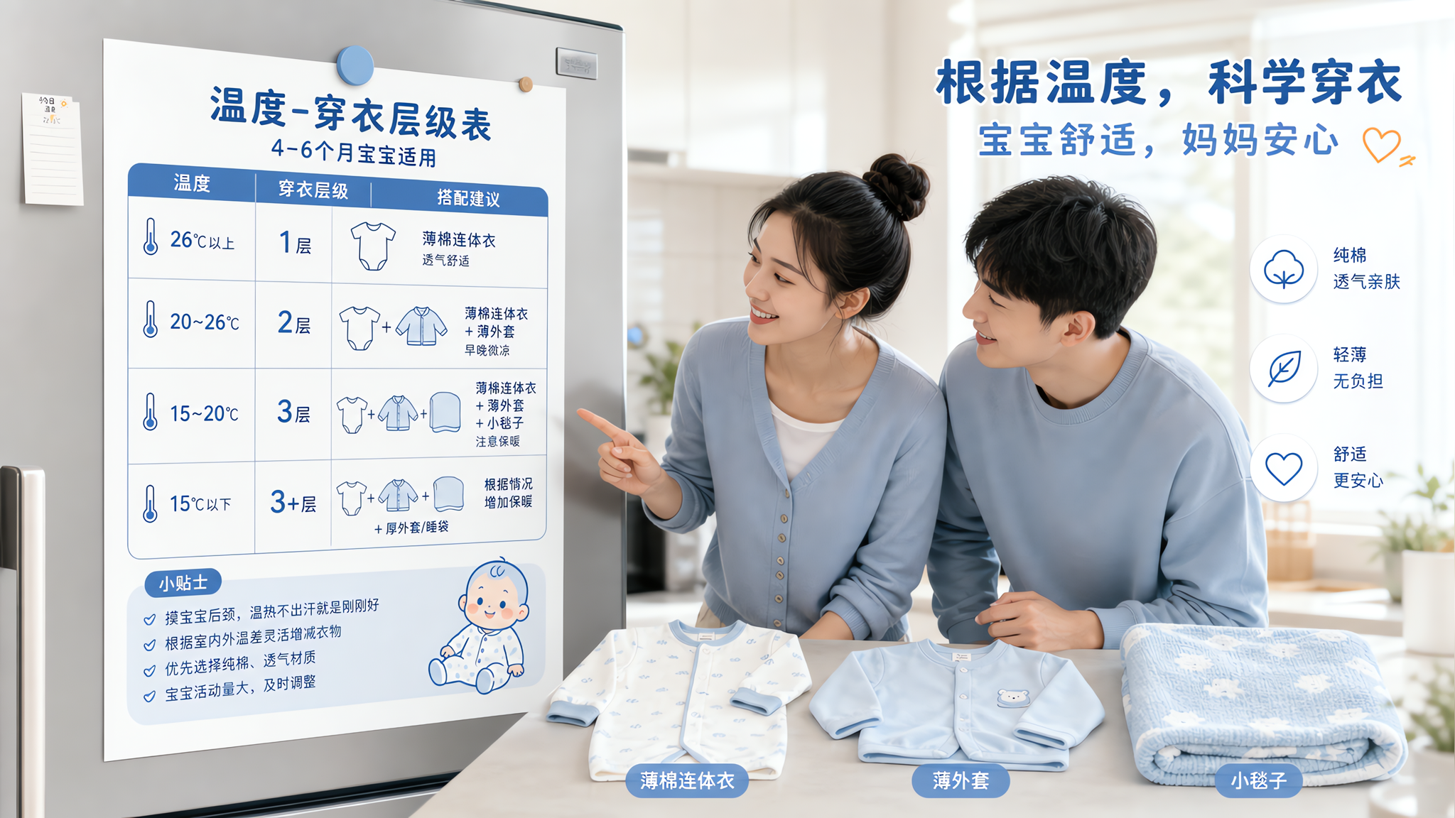 竖版海报风插画/信息图,中国4-6个月婴儿相关育儿主题,一张贴在冰箱上的“温度-穿衣层级表”作为画面
