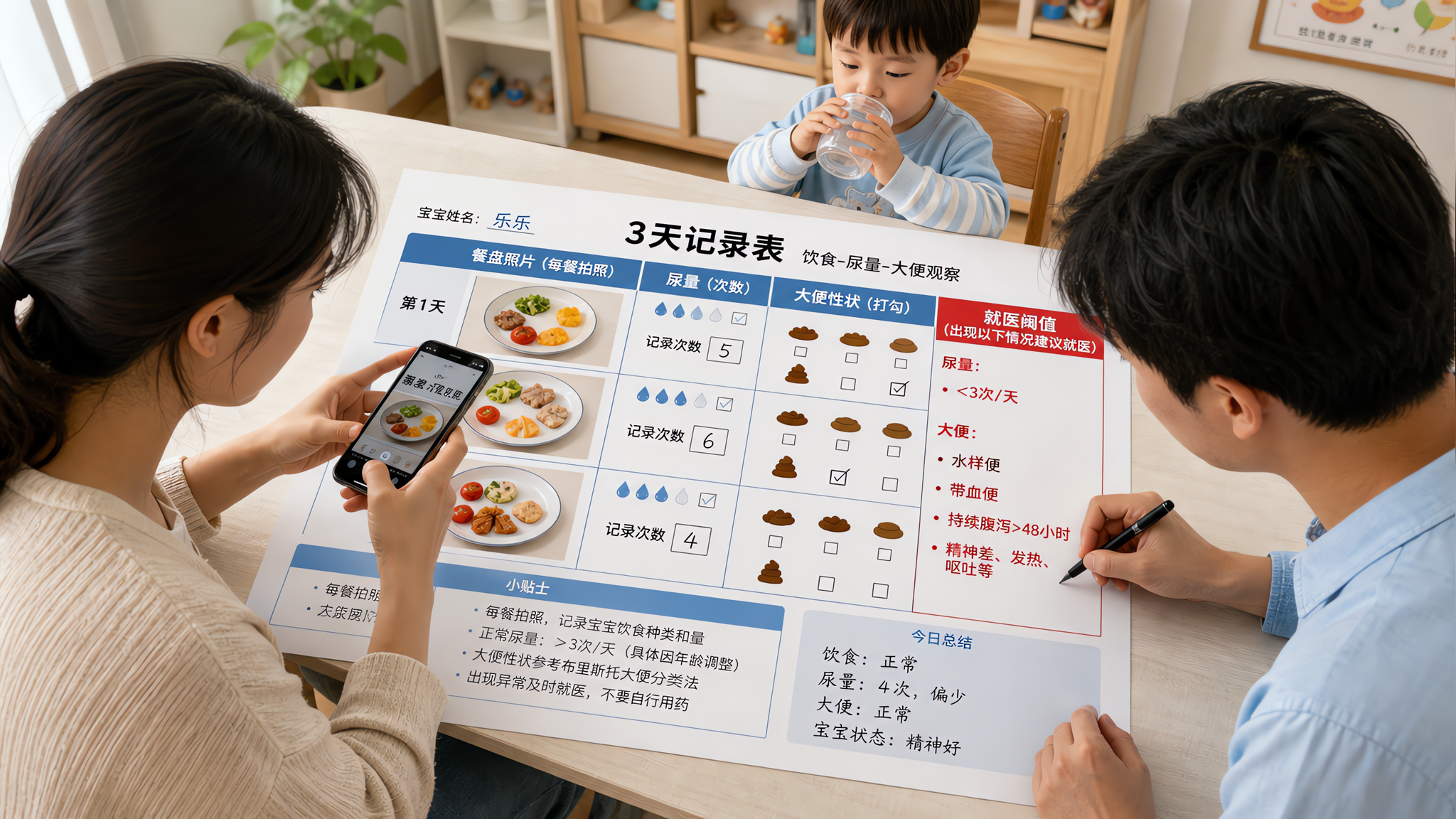 中国年轻父母在家中餐桌旁整理“3天记录表”,妈妈用手机拍孩子餐盘照片,爸爸在纸质表格上勾选尿量次数和