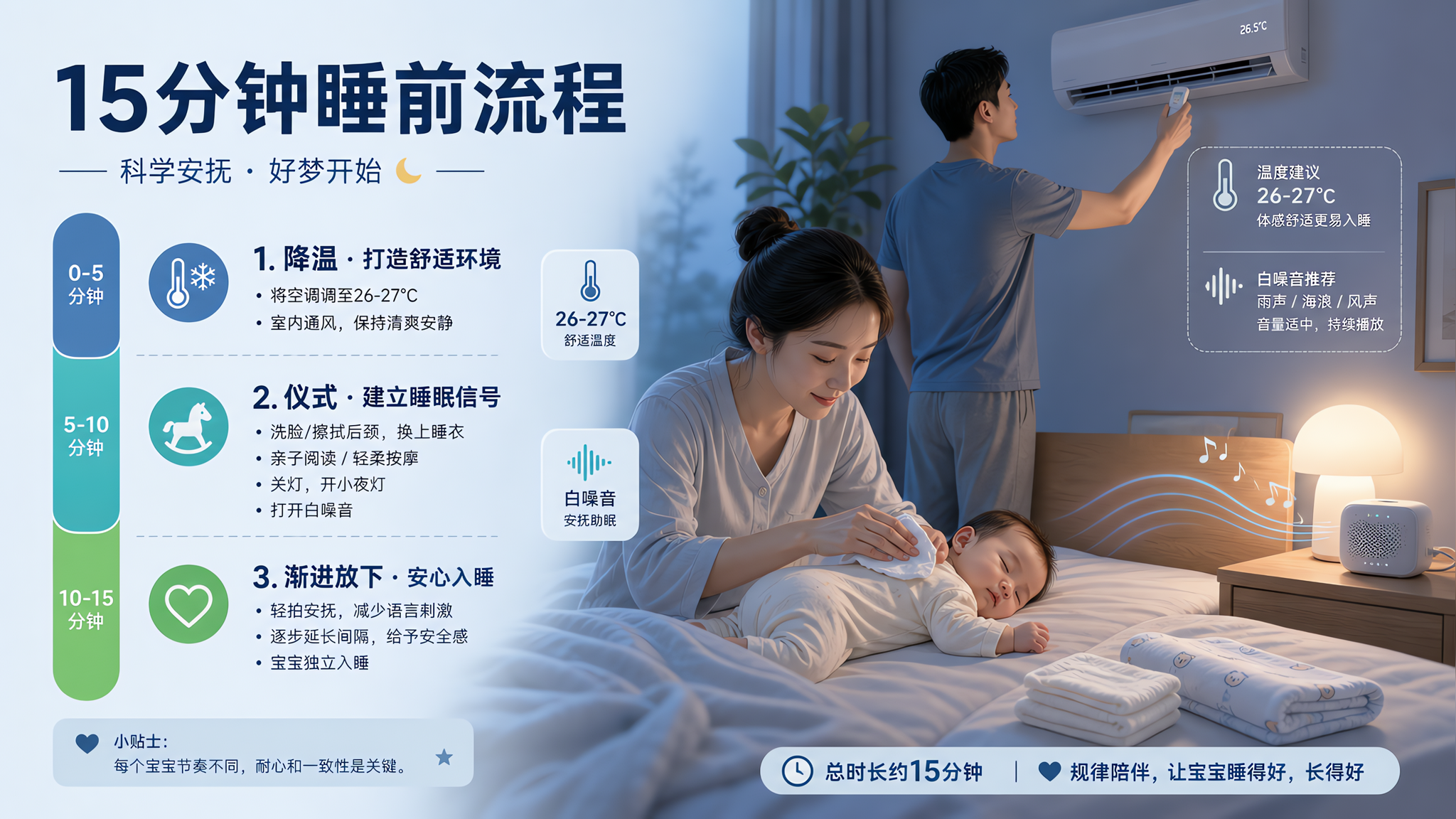 中国年轻父母在夏夜的卧室里进行婴幼儿睡前流程示范,画面主体为“15分钟睡前流程进度条海报”风格构图: