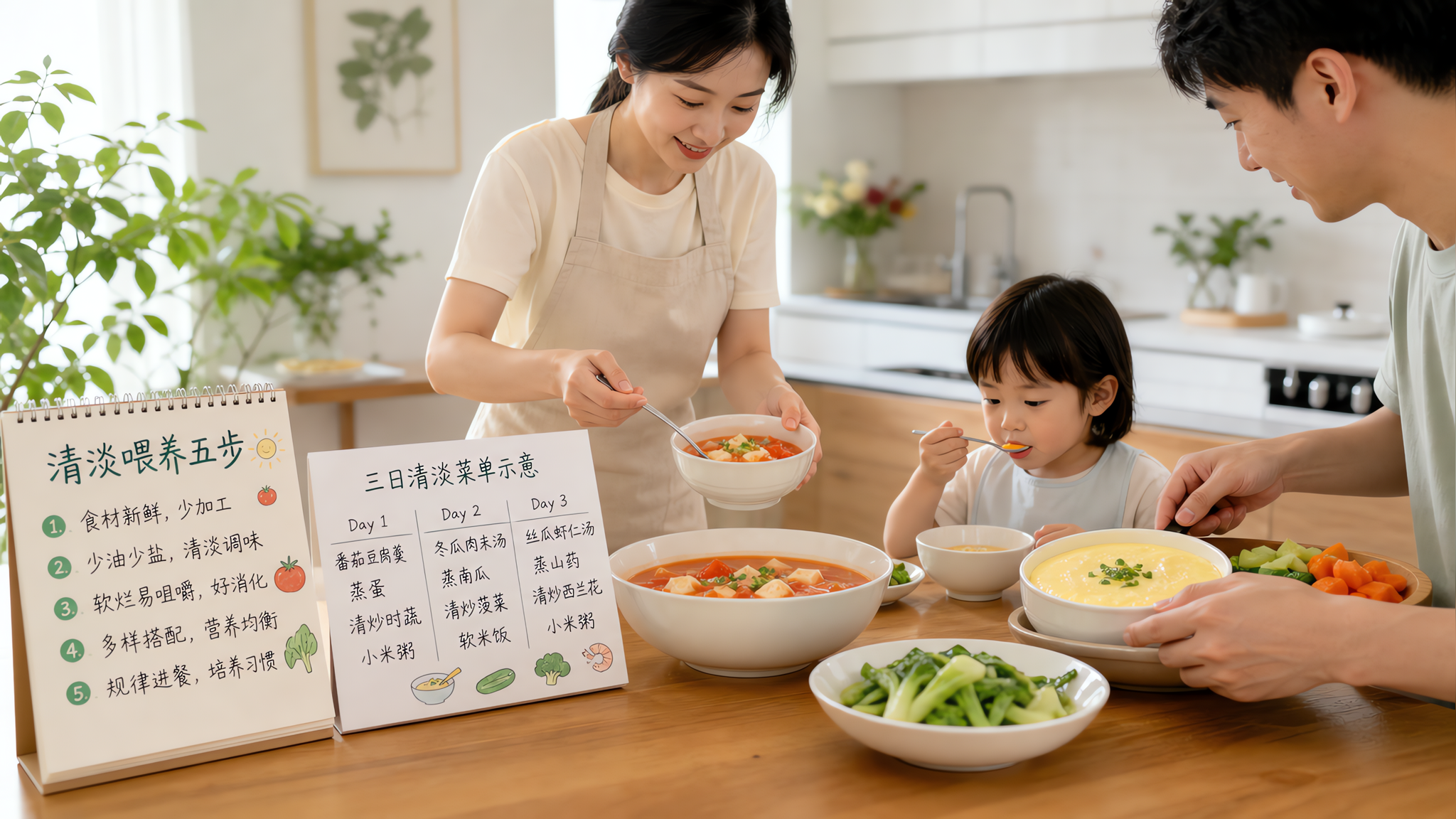 中国年轻父母在明亮干净的家庭餐桌旁准备夏季清淡餐食,桌面摆放“清淡喂养五步”手写小卡片与简洁三日菜单