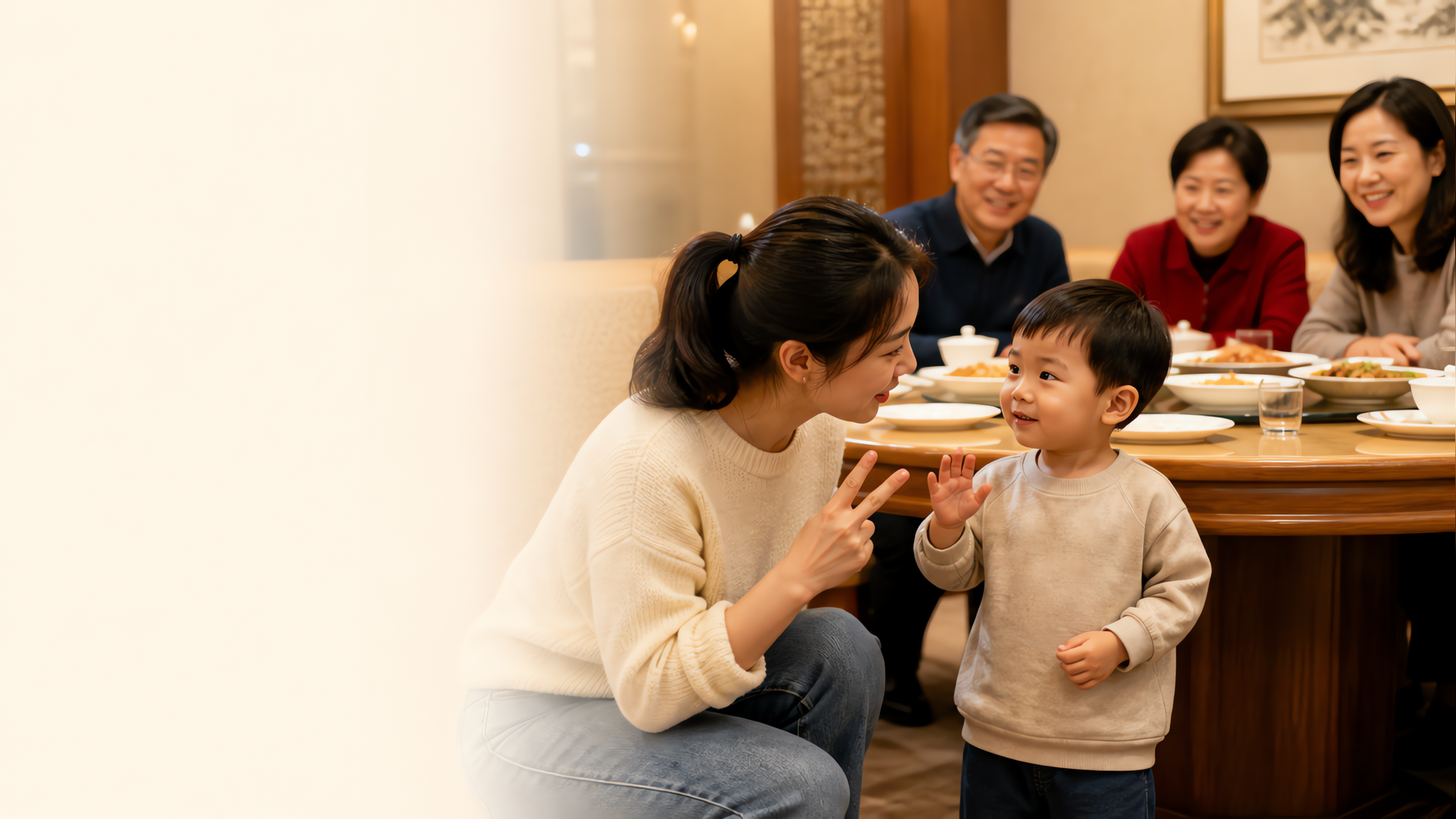 中国家庭聚餐场景,餐厅包间或家庭圆桌,环境温暖但略嘈杂的氛围;中国年轻妈妈半蹲在中国幼儿旁边,身体微