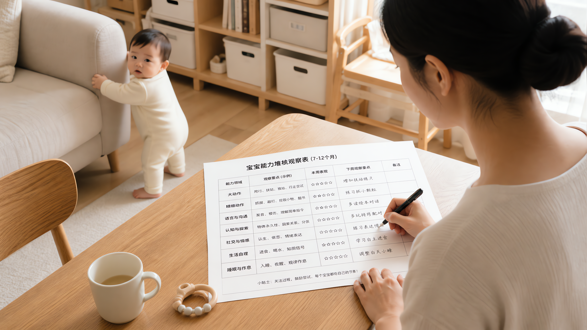 中国年轻妈妈在家中明亮客厅的餐桌旁,正在用笔在一张A4“宝宝能力堆栈观察表”上做每周记录,旁边一位7