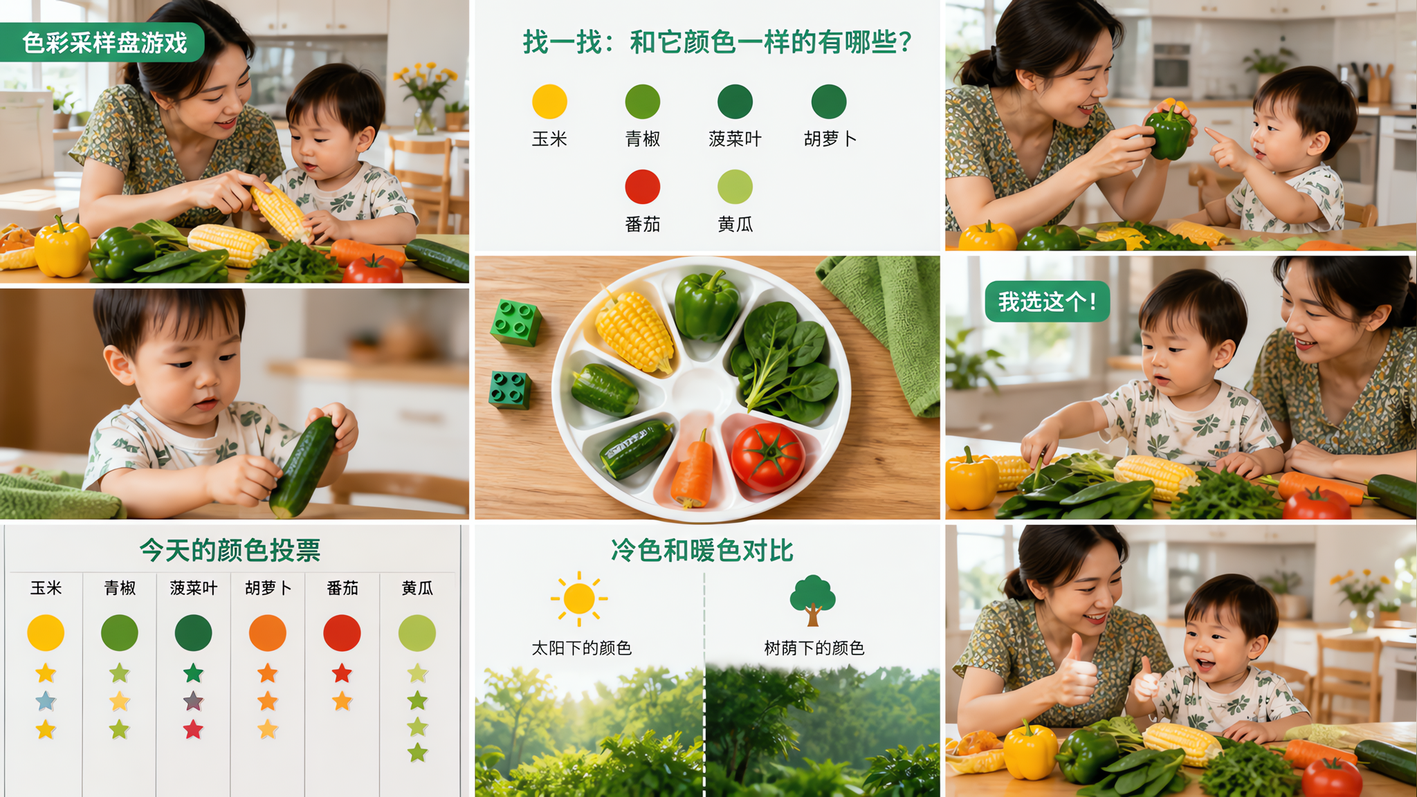 中国年轻妈妈与中国1-3岁幼儿在家中餐桌边做“色彩采样盘”游戏,桌面摆放高饱和夏季果蔬(黄瓜、青椒、