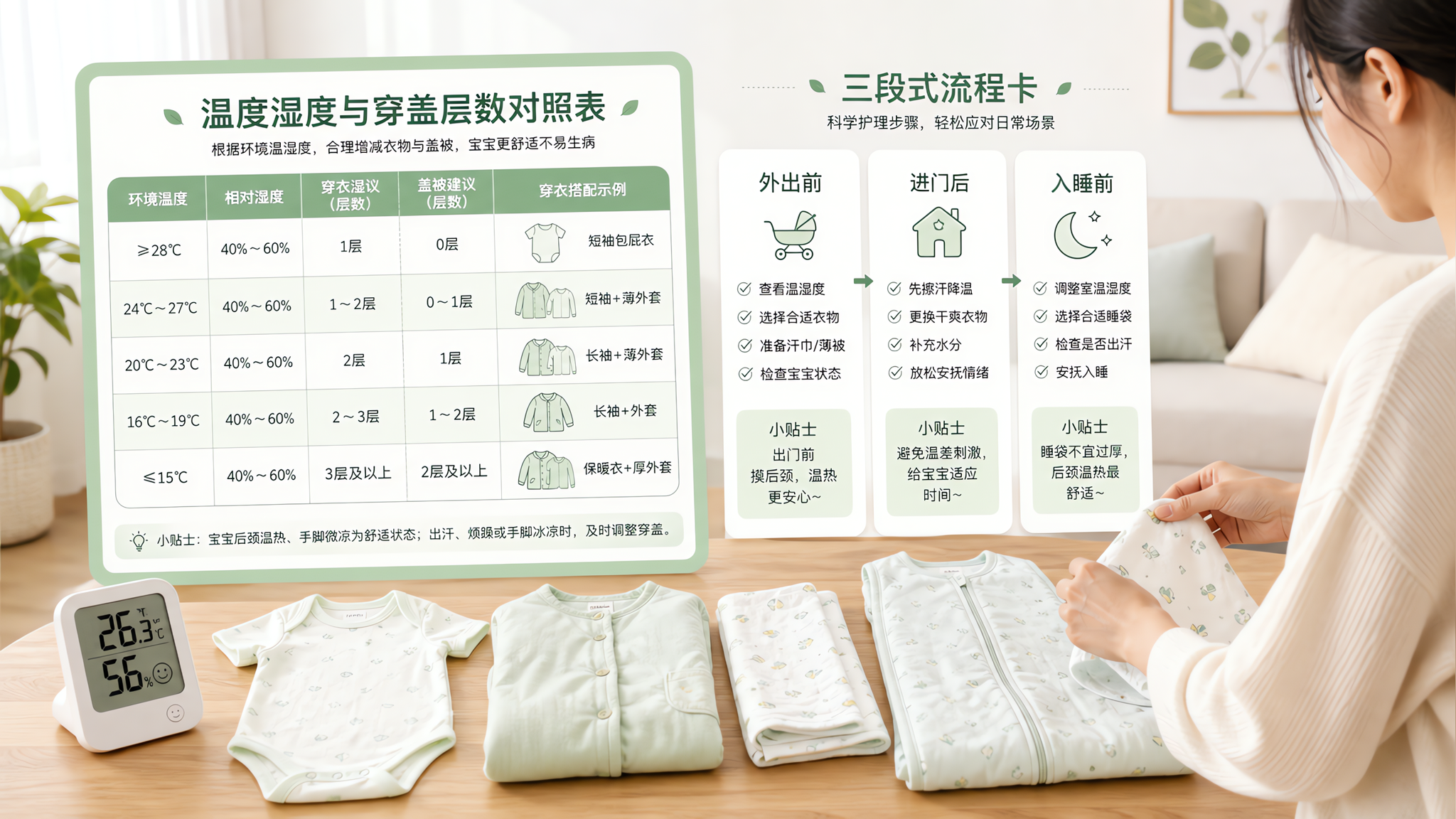 清新薄荷绿信息图风格的育儿科普配图,画面主体为“温度湿度与穿盖层数对照表”海报与“三段式流程卡(外出