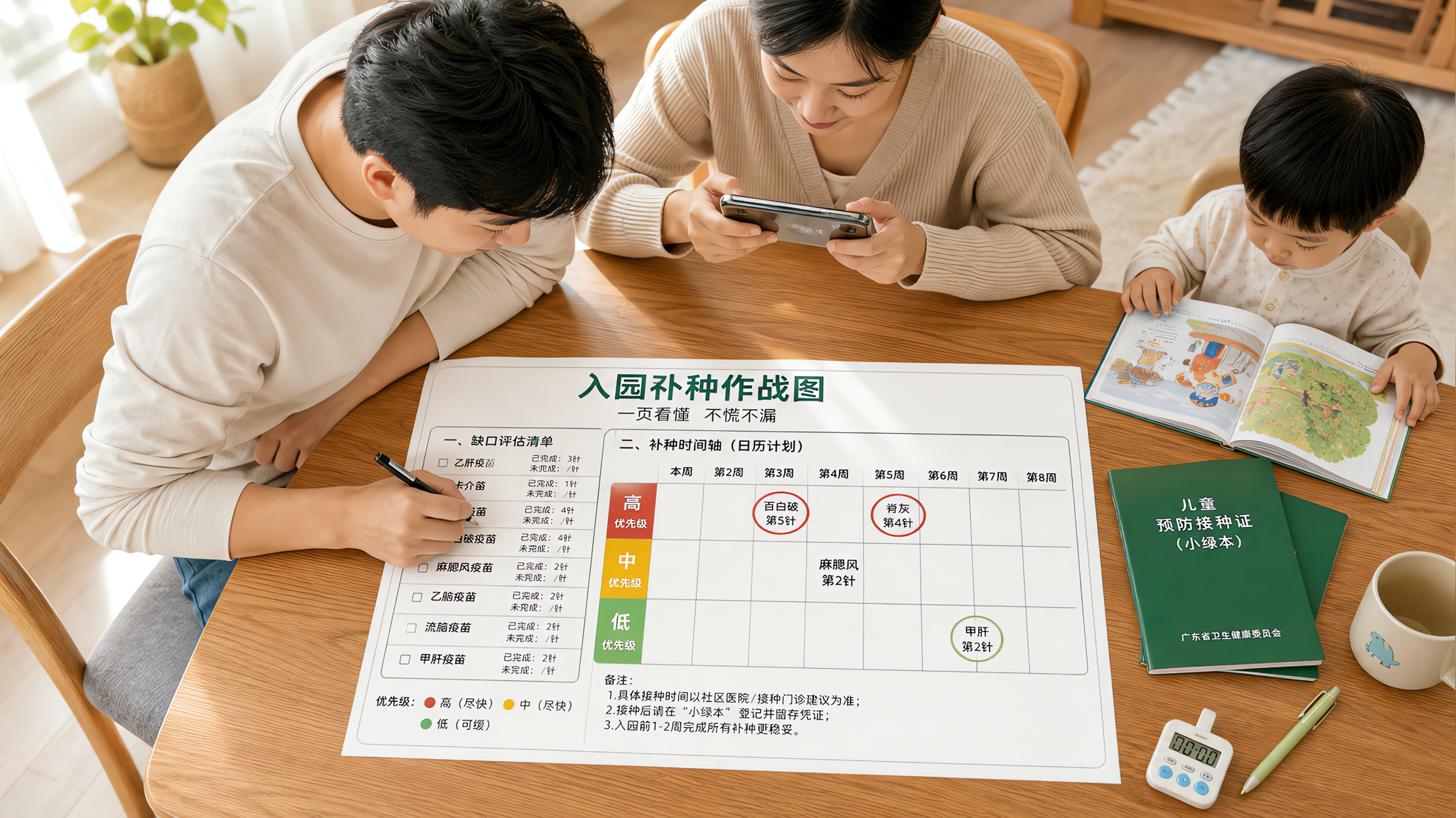 中国年轻父母在家中餐桌前整理儿童预防接种证“小绿本”，桌面铺开A4一页“入园补种作战图”信息图（左侧
