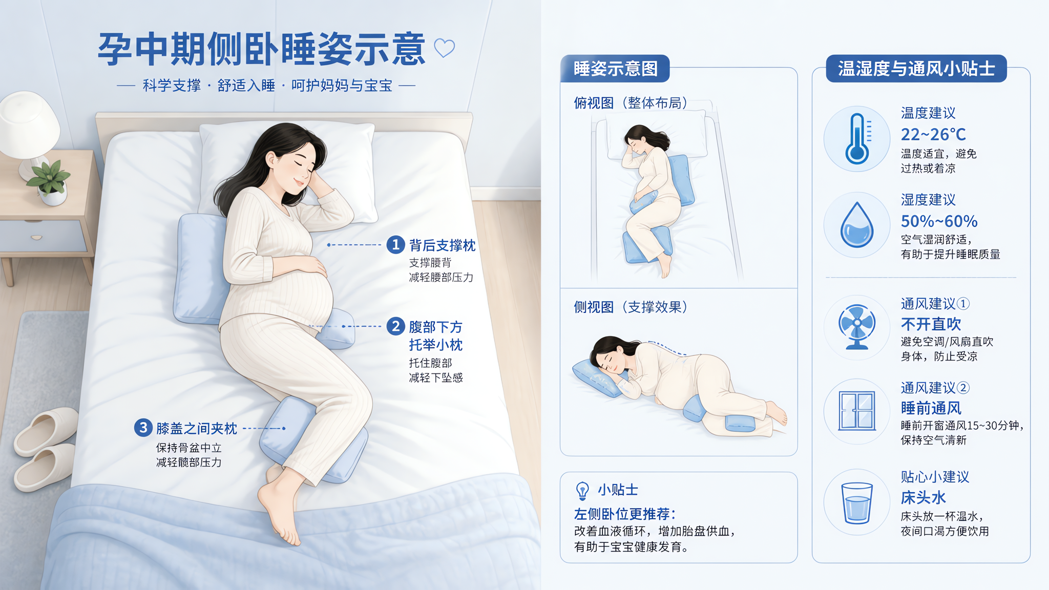 清爽蓝白色系长图插画风，在卧室床上，一位中国孕中期女性侧卧睡姿示意，人物穿浅色家居服，表情放松；画面
