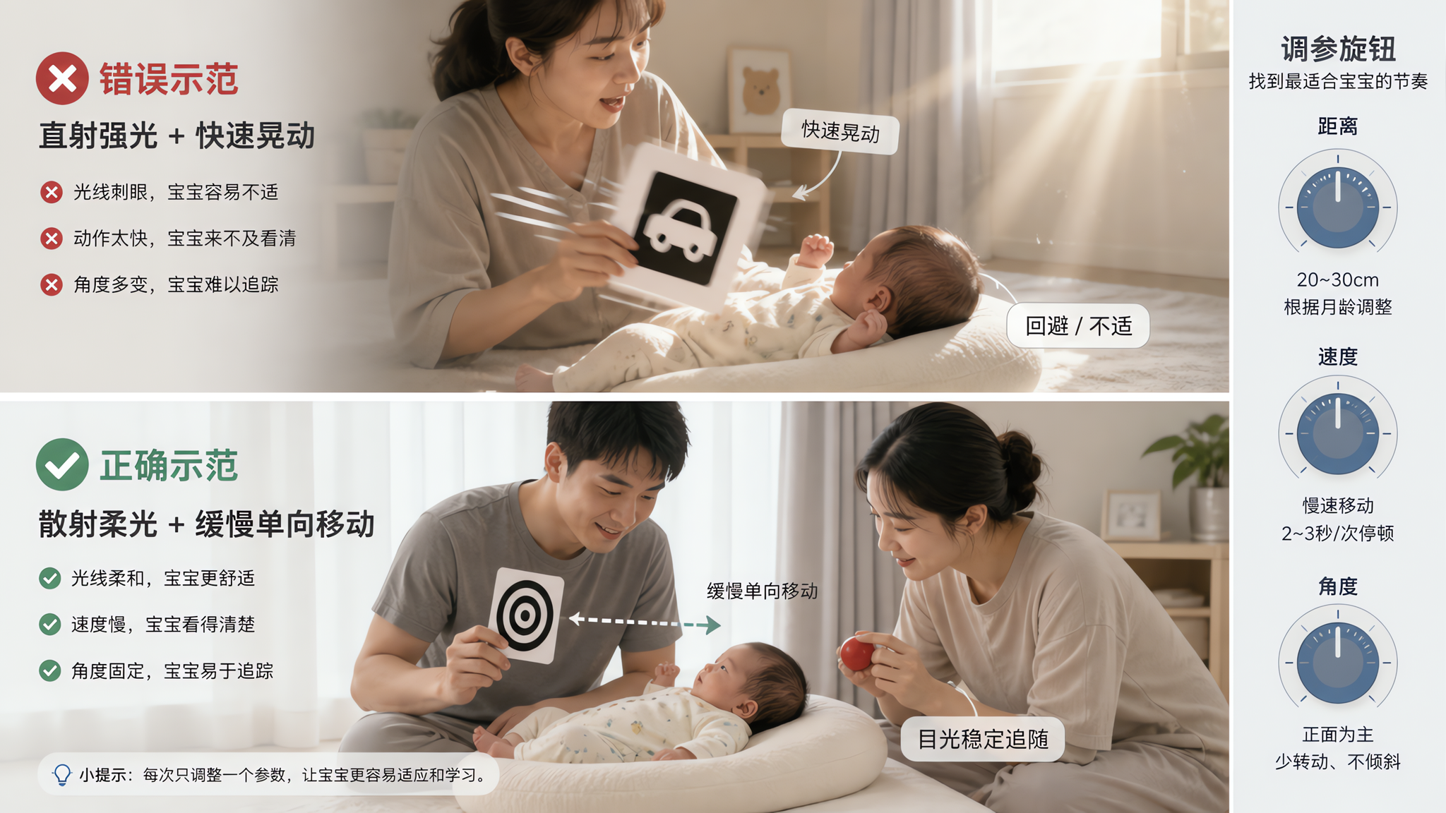 两格对比信息图风格画面,上半格为错误示范:夏季窗边直射强光照进室内,中国年轻妈妈在婴儿旁边快速晃动黑
